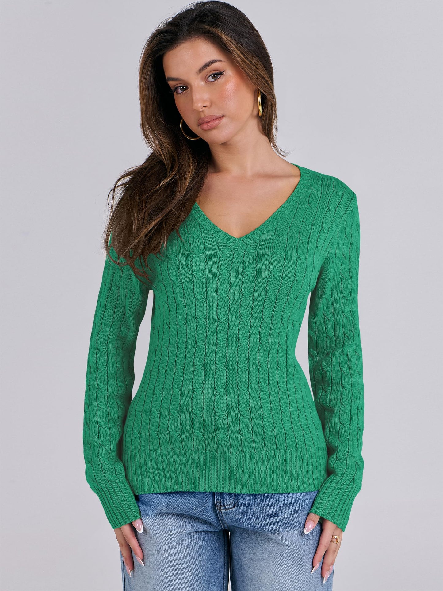 Women's Long Sleeve V Neck Cable Knit Sweater Jumper