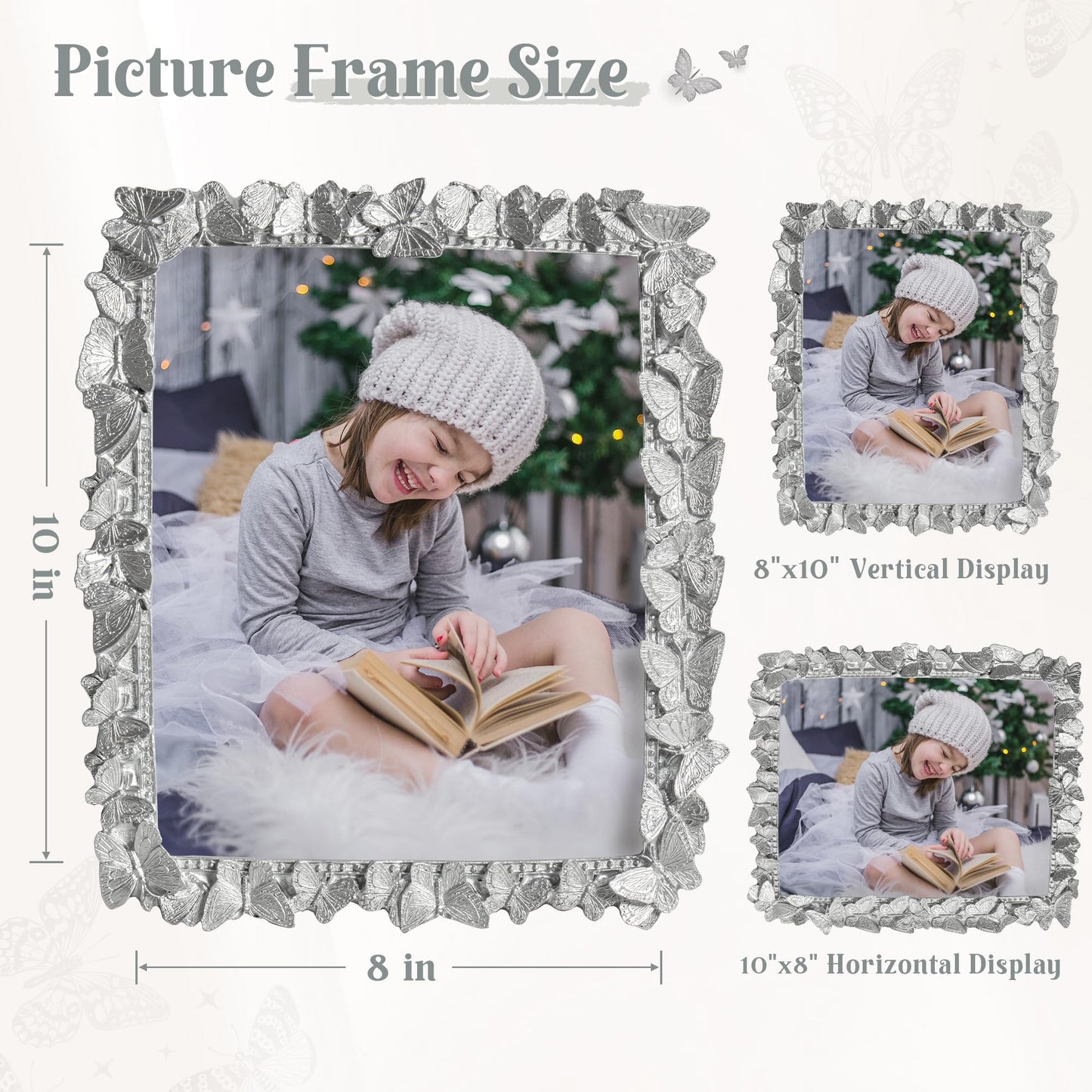 Picture Frame with High Tempered Glass, Butterfly Textured Hand-Crafted Resin Cute Photo Frame with Easel & Hook for Tabletop & Wall Display