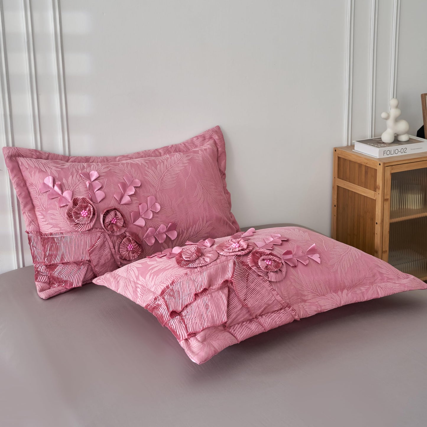 Elegant Satin Lace Cascading Ruffles Floral Embellished Victorian Rose Pink Bedding Royal Princess Dreams Ruffled Comforter Set, 6 Pieces