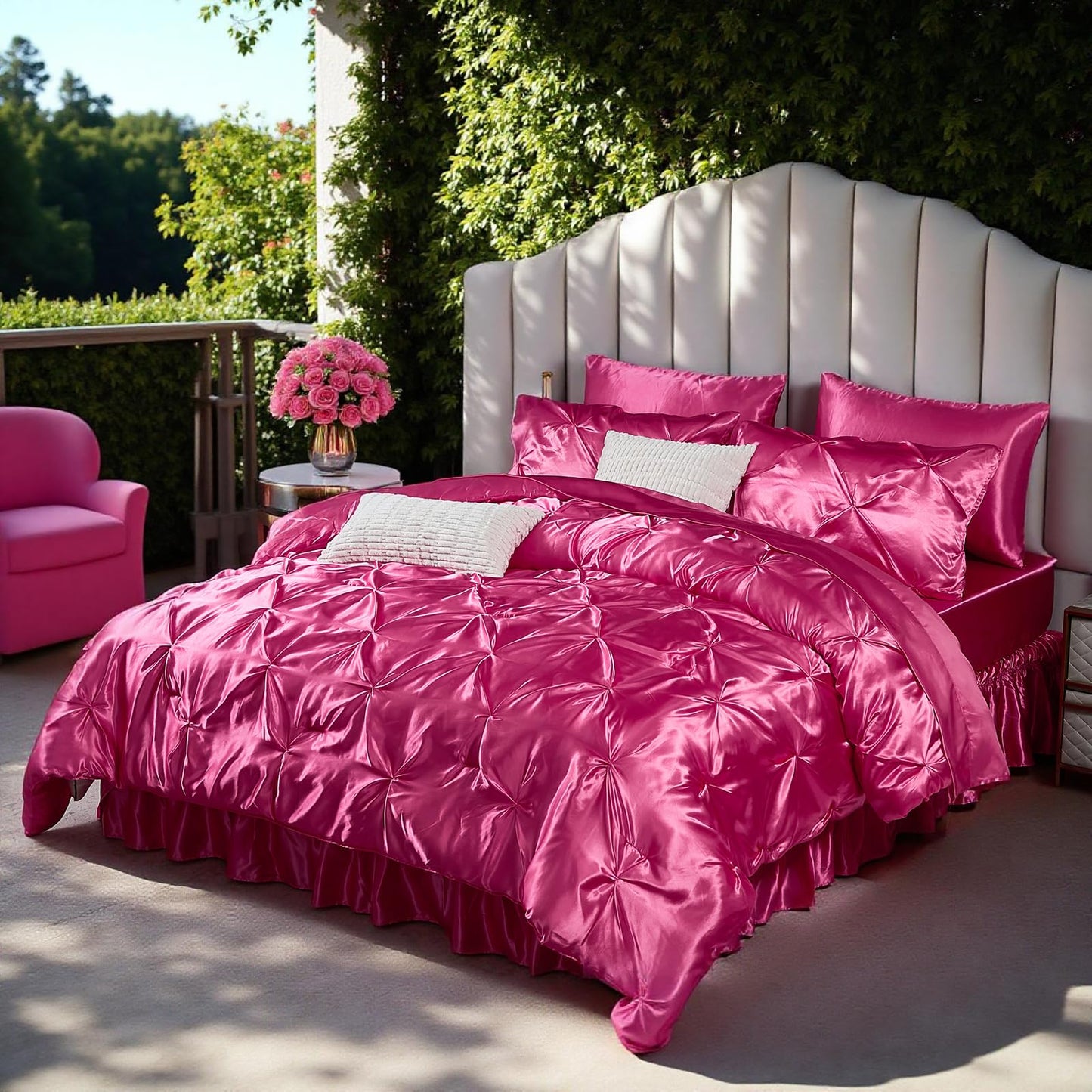 Pinch Pleat Bedding Set - Pin-tuck Luxury Bed Comforter Set 10 Pcs, Soft Silky Down Comforter Bed Set Satin with Sheets