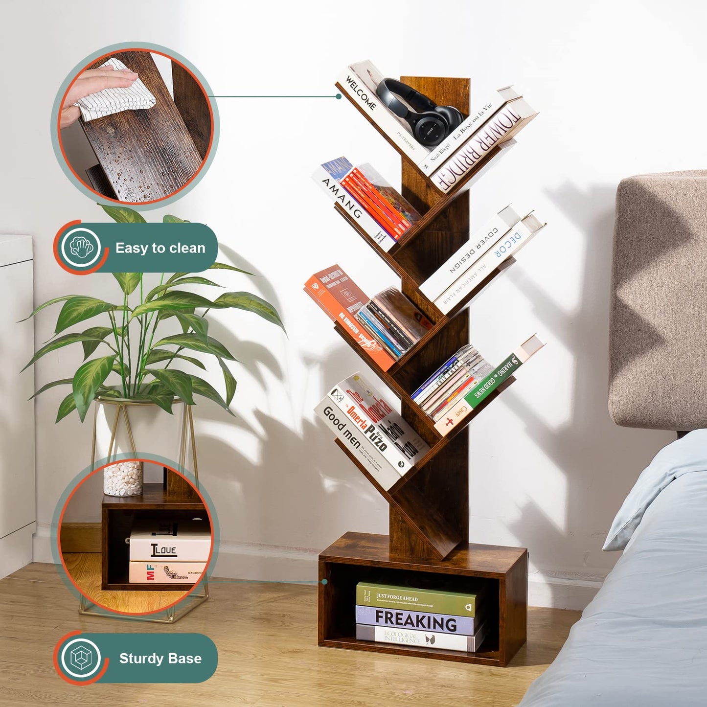 Tree Bookshelf - 6 Shelf Retro Floor Standing Bookcase, Tall Wood Book Storage Rack