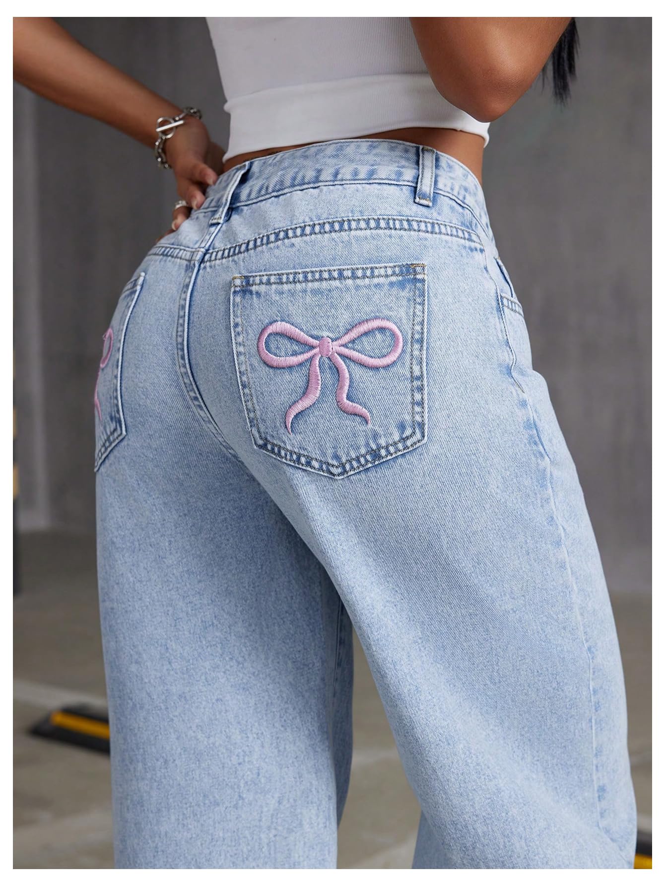 Women's Bowknot Embroidery Jeans - Y2k Straight Leg Boyfriend Denim Pants