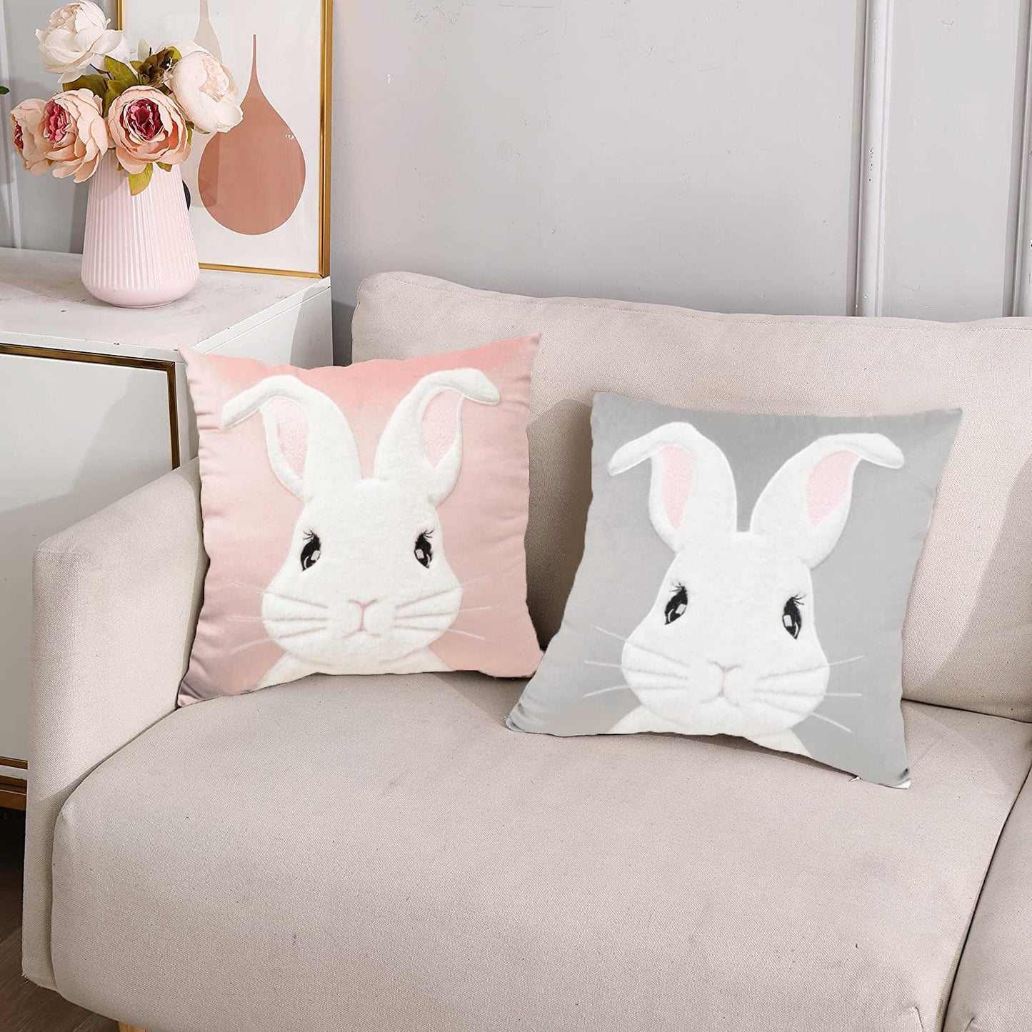 Embroidered 3D Bunny Rabbit Throw Pillowcase Velvet Spring Easter Pillow Covers