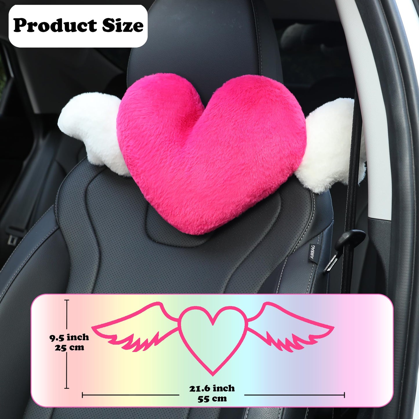 Heart Shaped Cute Car Headrest Pillow with Angel Wings - Comfortable Soft Head Rest Cushion Kawaii