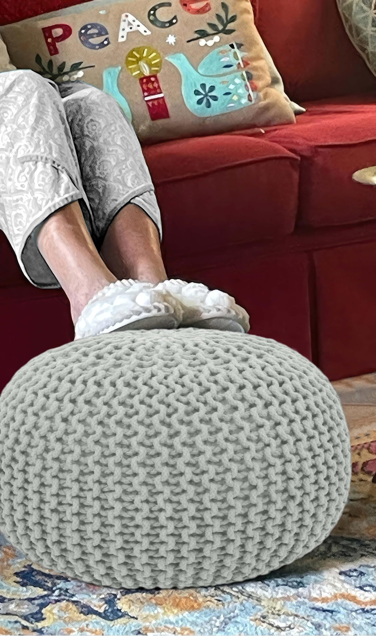 Hand-Knitted Cotton Round Pouf – Braid Cord Ottoman, Footrest, and Accent Seat for Living Room, Nursery, Kids Room, or Dorm Décor – 20x14