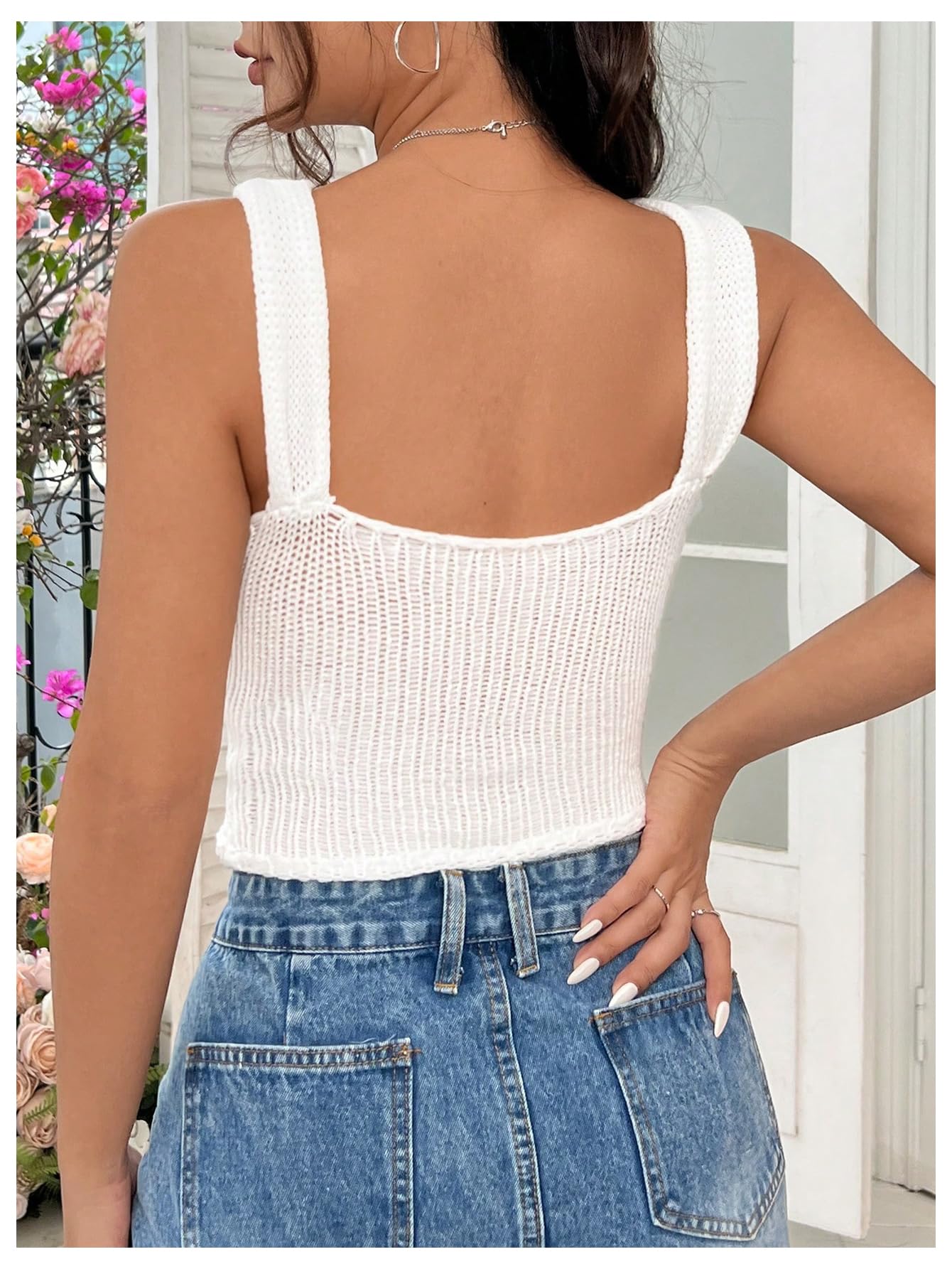 Women's Bow Knot Square Neck Sleeveless Knitted Tank Top - Slim Fit Solid Crop Knit