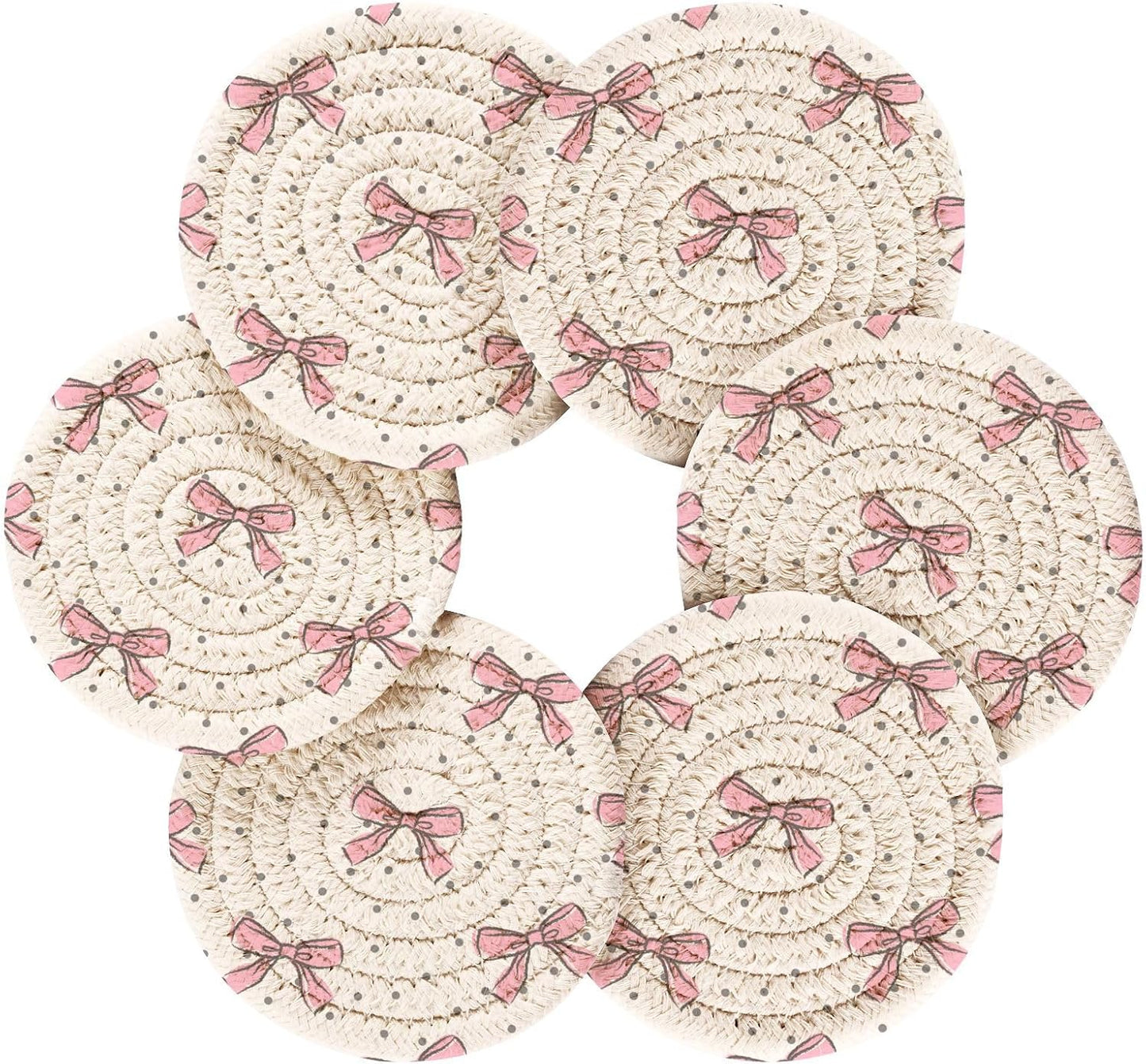 Pink Bow Woven Coasters Set – 3.9" Absorbent, Heat-Resistant (6 pcs + Holder)