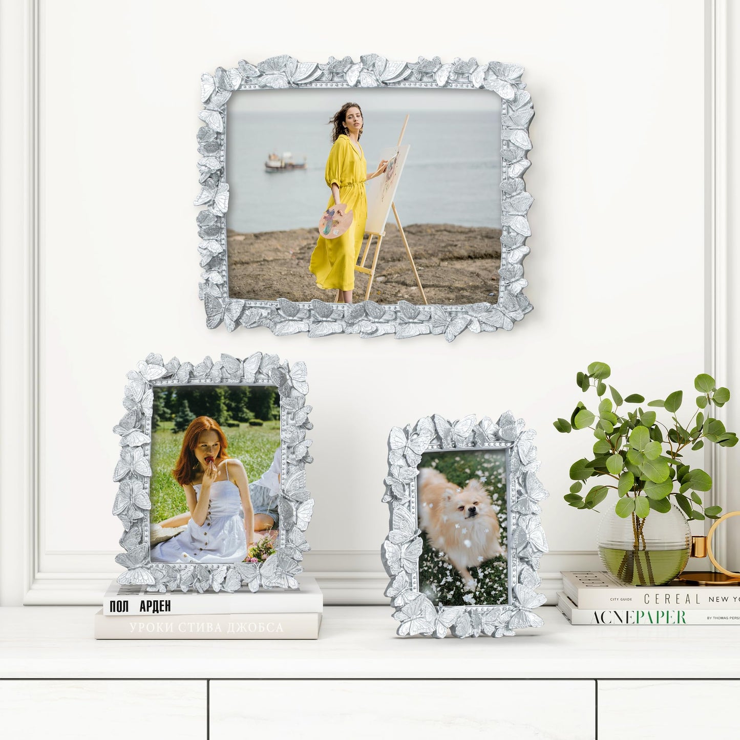 Picture Frame with High Tempered Glass, Butterfly Textured Hand-Crafted Resin Cute Photo Frame with Easel & Hook for Tabletop & Wall Display