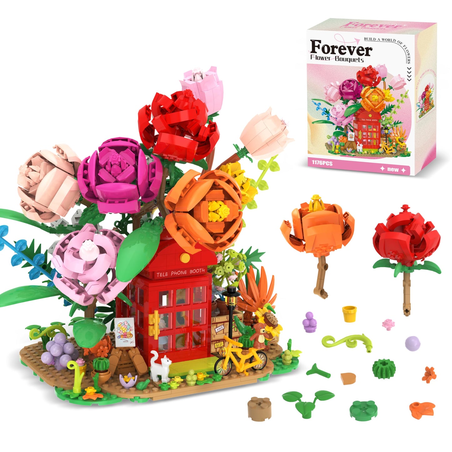 Flower Bouquet Building Kit Bonsai Rose Fower Basket Building Blocks Set