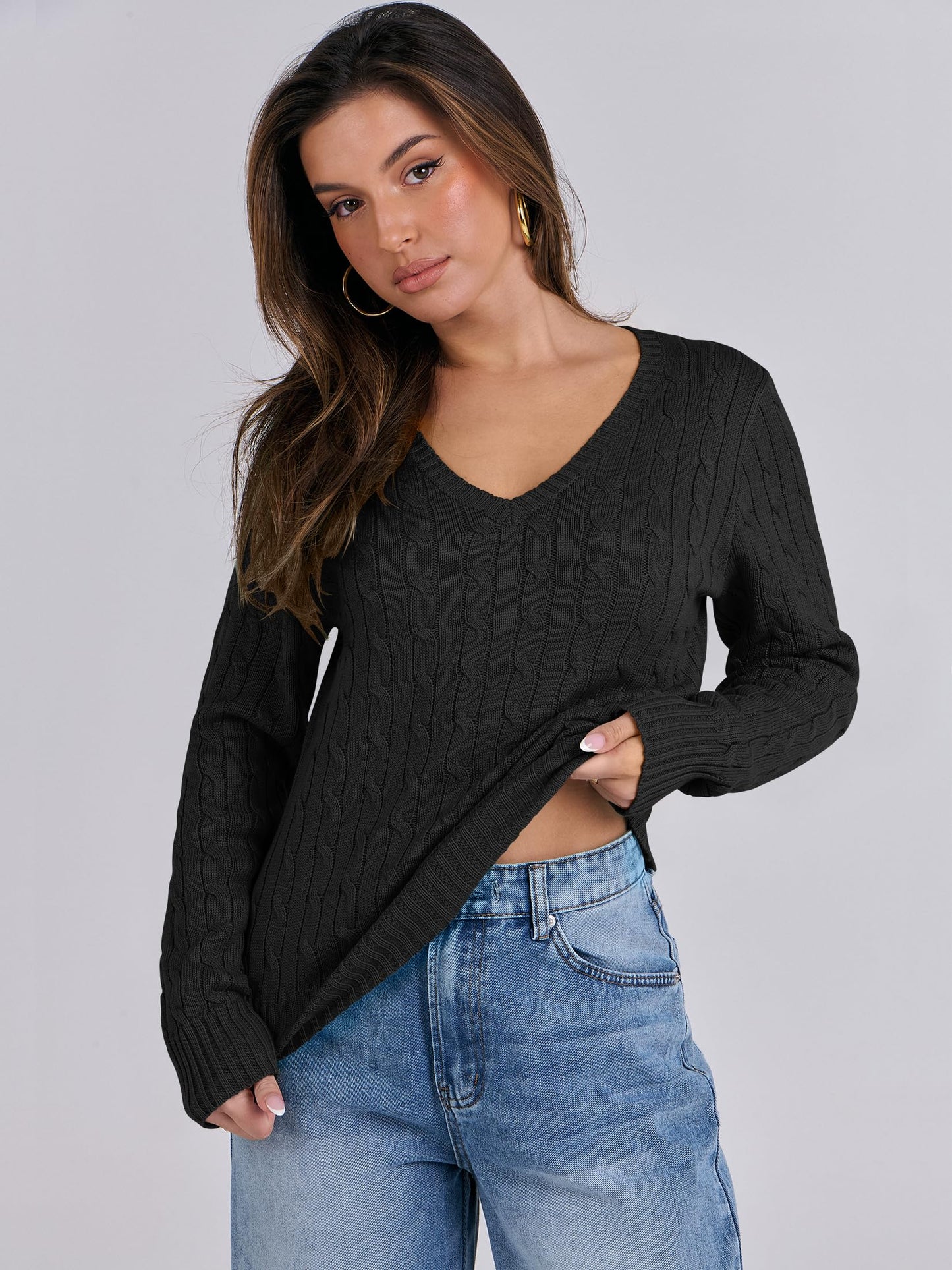 Women's Long Sleeve V Neck Cable Knit Sweater Jumper