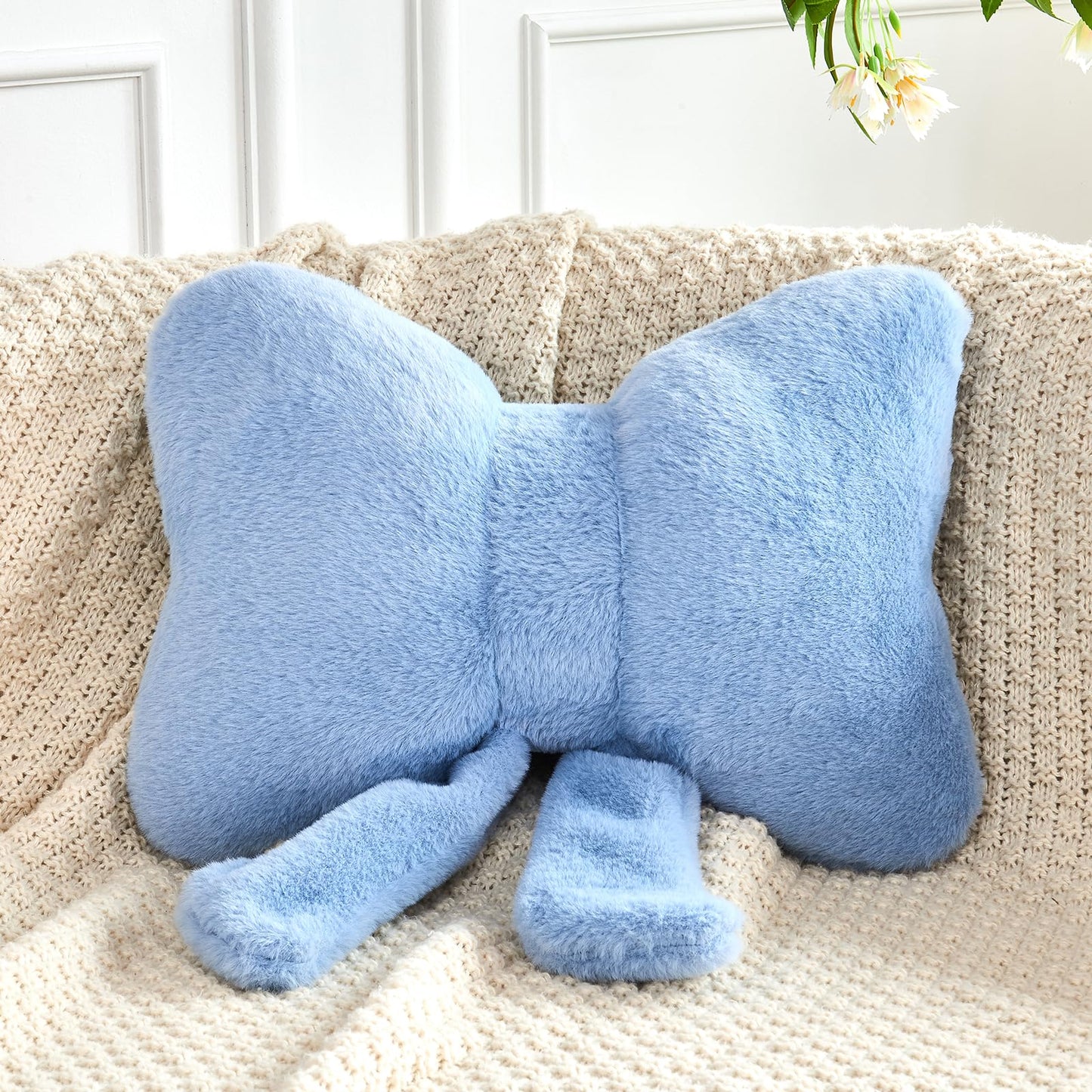 Bow Pillow, Soft Bow Decorative Pillows with Faux Rabbit Fur