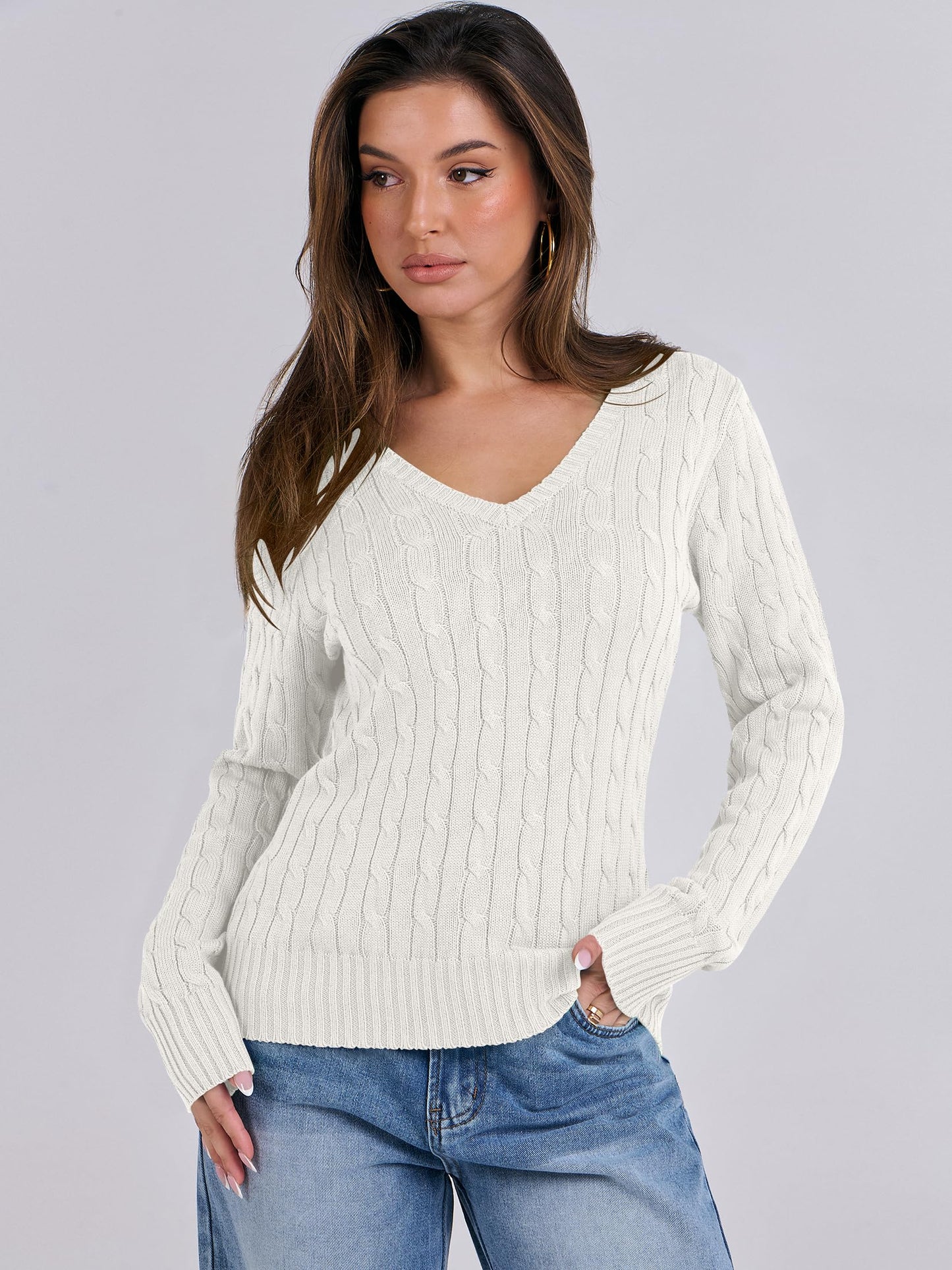 Women's Long Sleeve V Neck Cable Knit Sweater Jumper