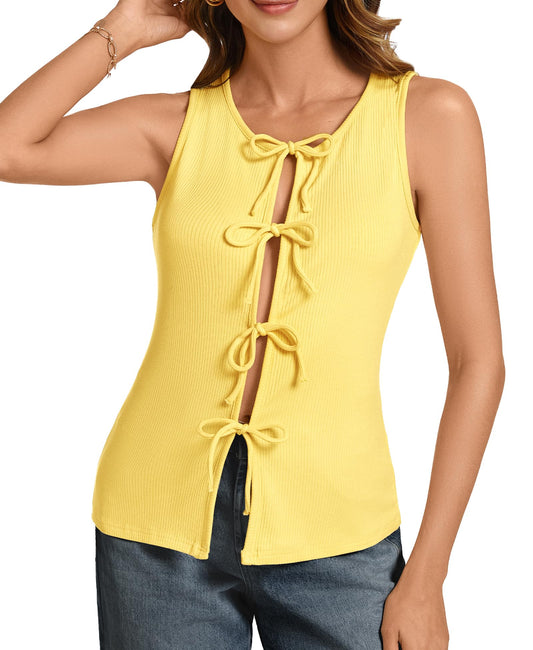 Ribbed Tank Tops for Womens - Y2k Sleeveless Bow Tie Front Shirts Cute Top