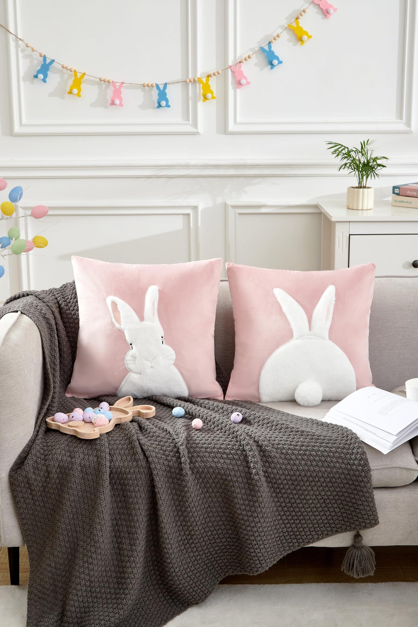 Embroidered 3D Bunny Rabbit Throw Pillowcase Velvet Spring Easter Pillow Covers