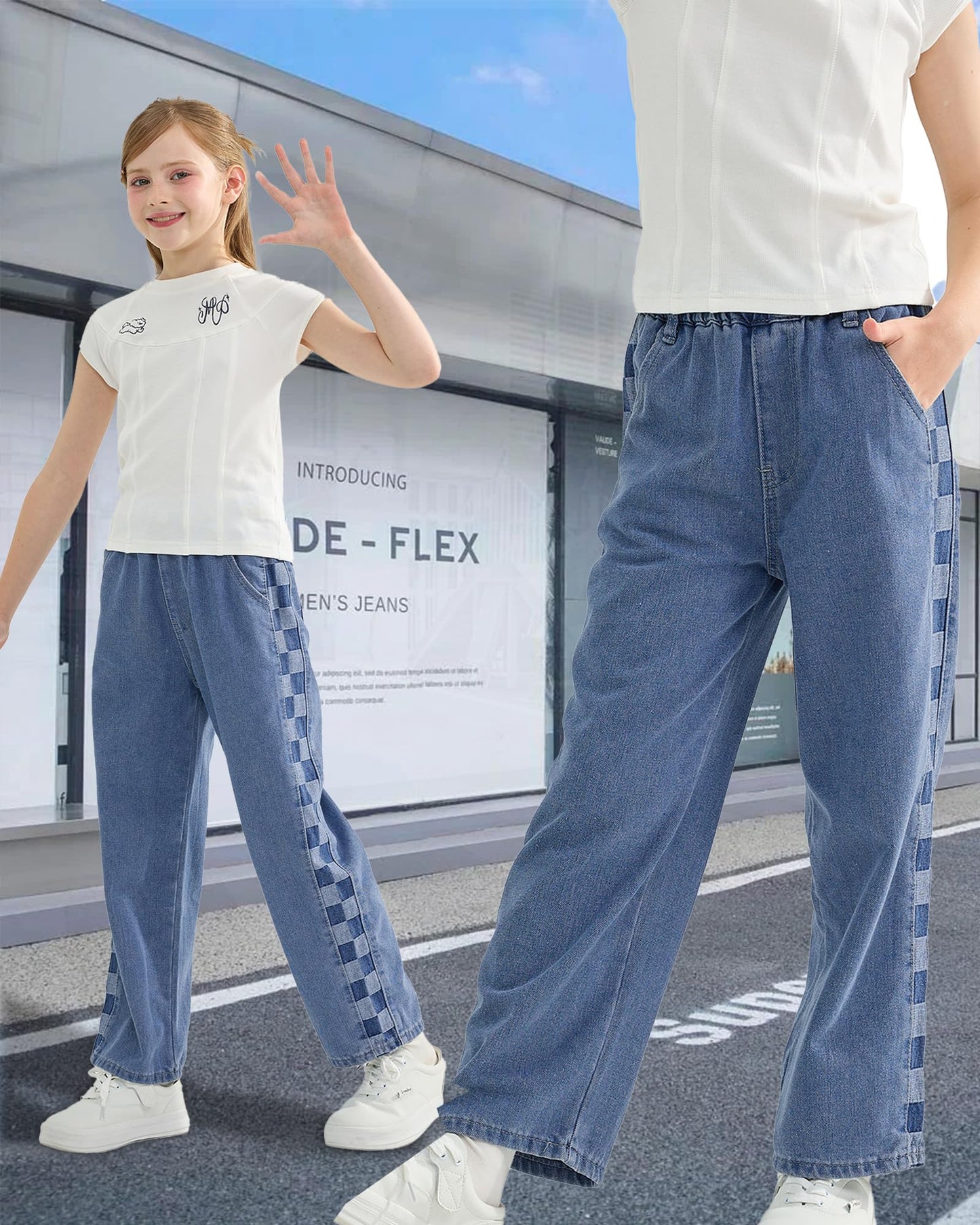 Girls Jeans Denim Elastic Wasit Wide Leg Baggy Pants