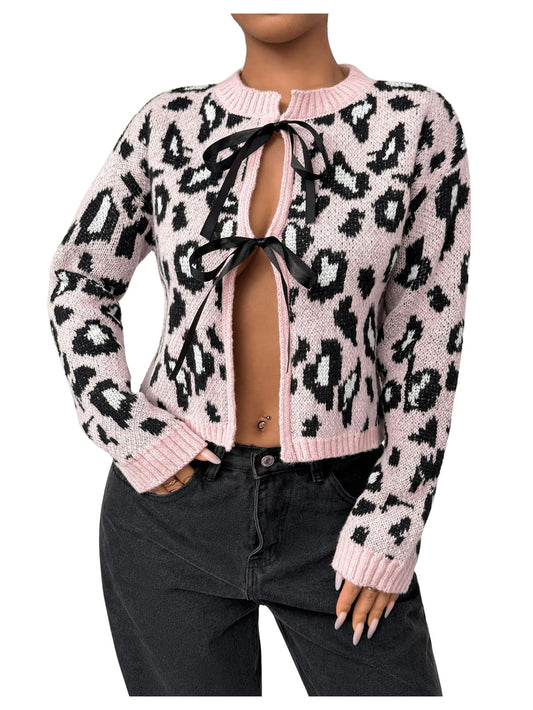 Women's Leopard Pattern Knot Front Cardigan Long Sleeve Round Neck Sweater