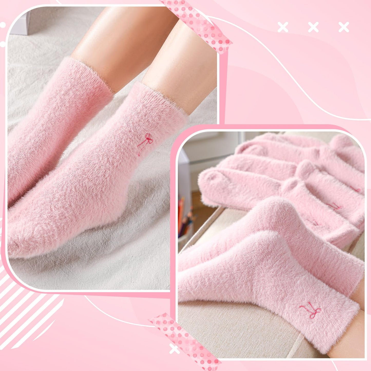 Women's Bow Fuzzy Socks Winter Crew Slipper Socks Coquette 5 Pcs