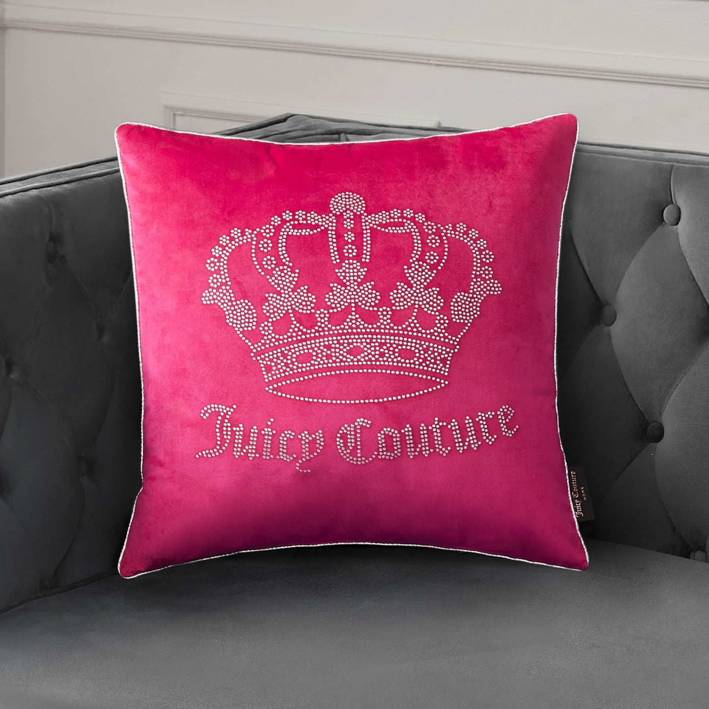 Juicy Couture - Decorative Accent Pillow, Velvet Rhinestone Crown, Premium Reversible Throw Pillow