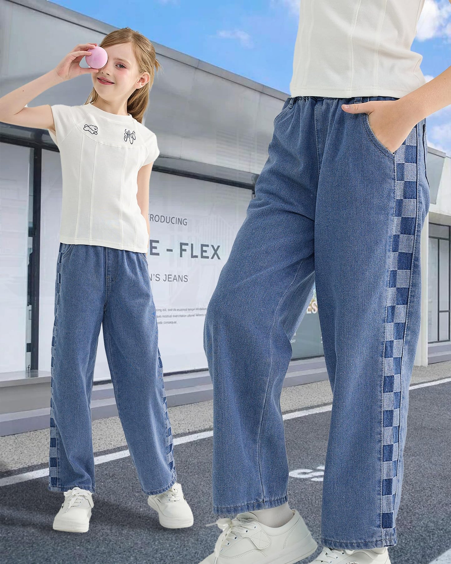 Girls Jeans Denim Elastic Wasit Wide Leg Baggy Pants