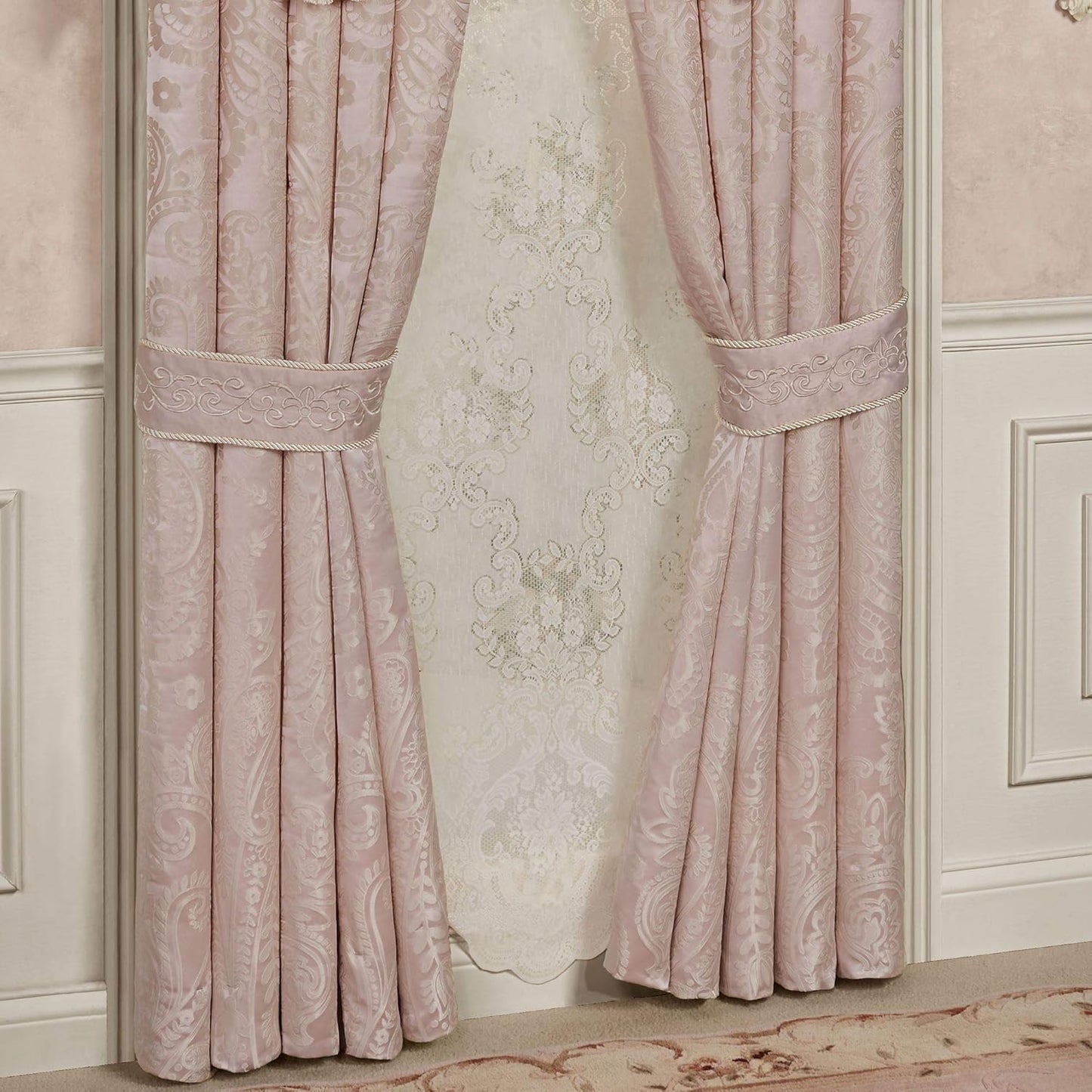 Romantic Princess Jacquard Woven Scrollwork Blush Window Curtain Pair Tailored 96 x 84