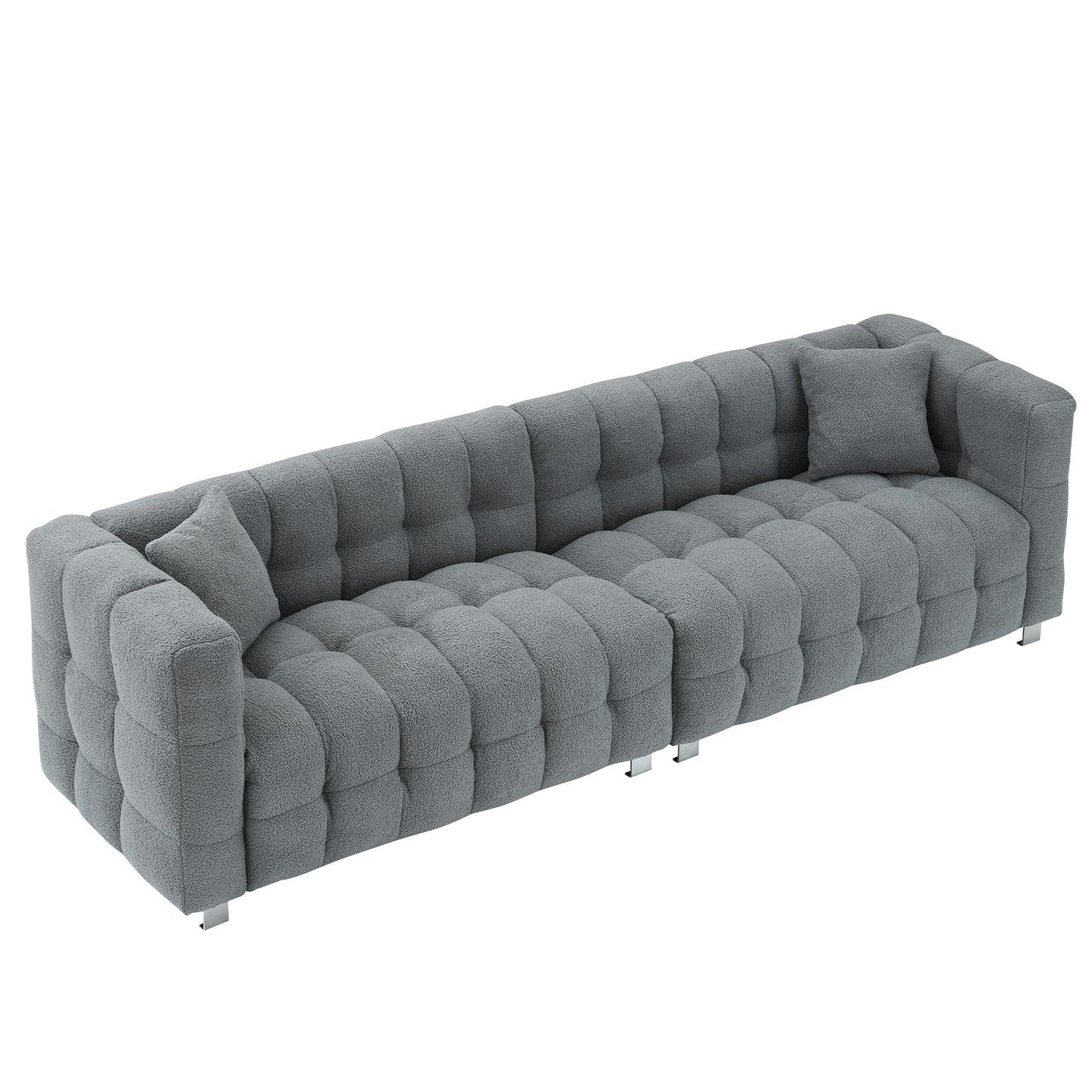 Modern Sofa Couch with Metal Legs Upholstered Tufted 3 Seater Couch with 2 Pillows Decor