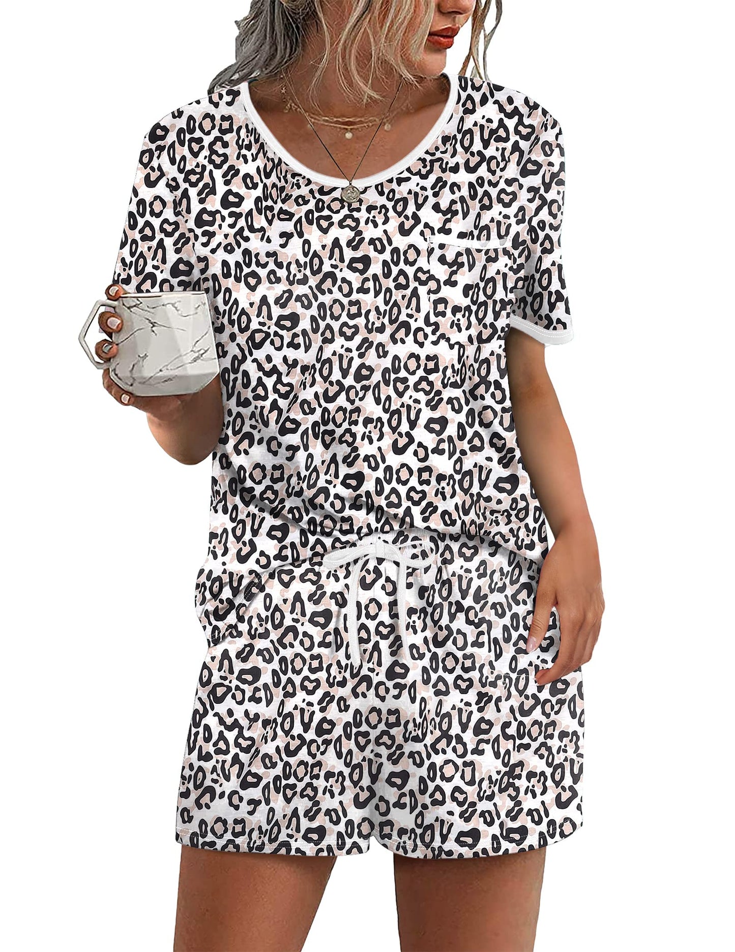 Pajama Set for 2 Piece Lounge Set Short Sleeve Tops and Shorts Soft Sleepwear, Chest Pocket