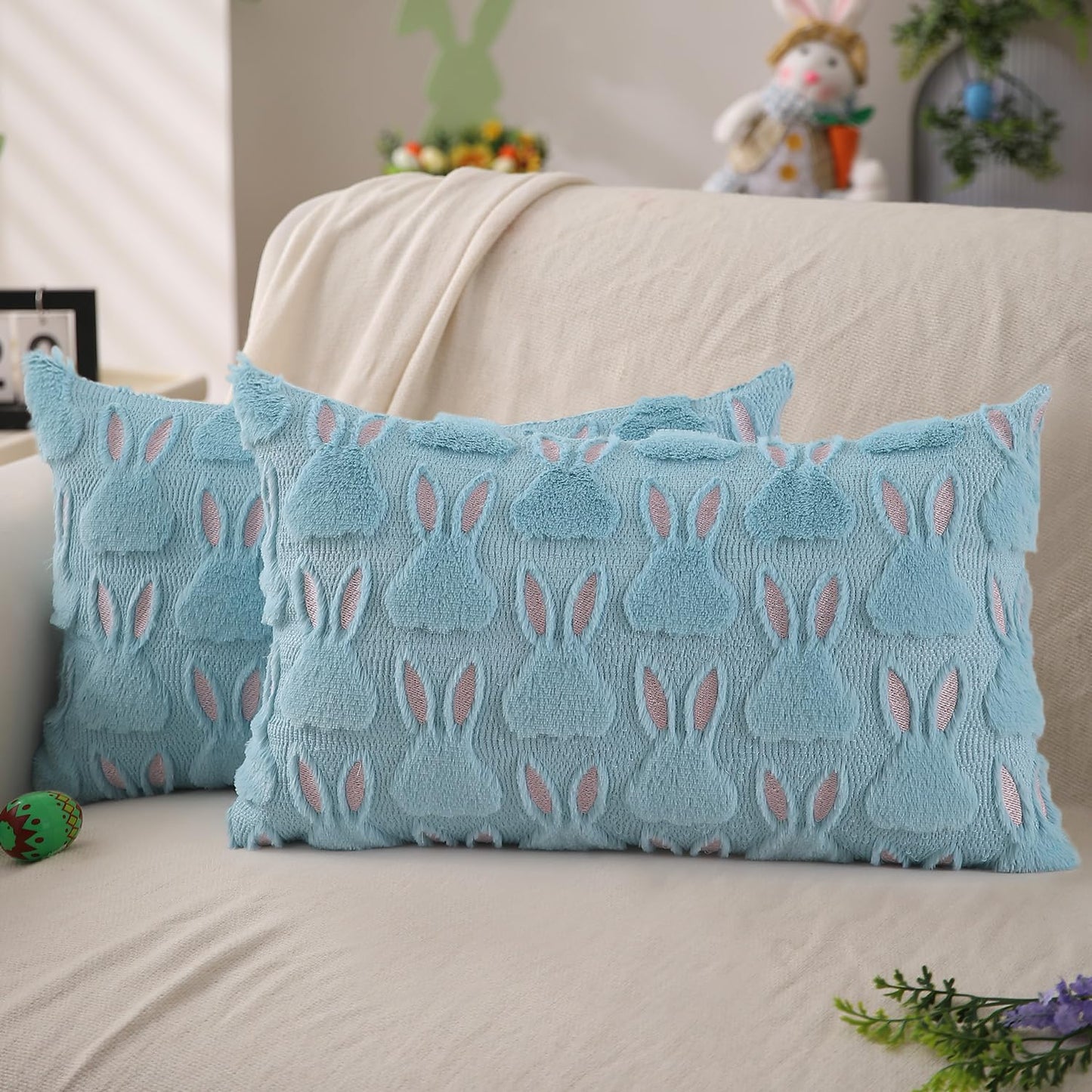 Easter Bunny Pillow Covers | Set of 2 Easter Soft Plush Faux Fur Jacquard Throw Pillows