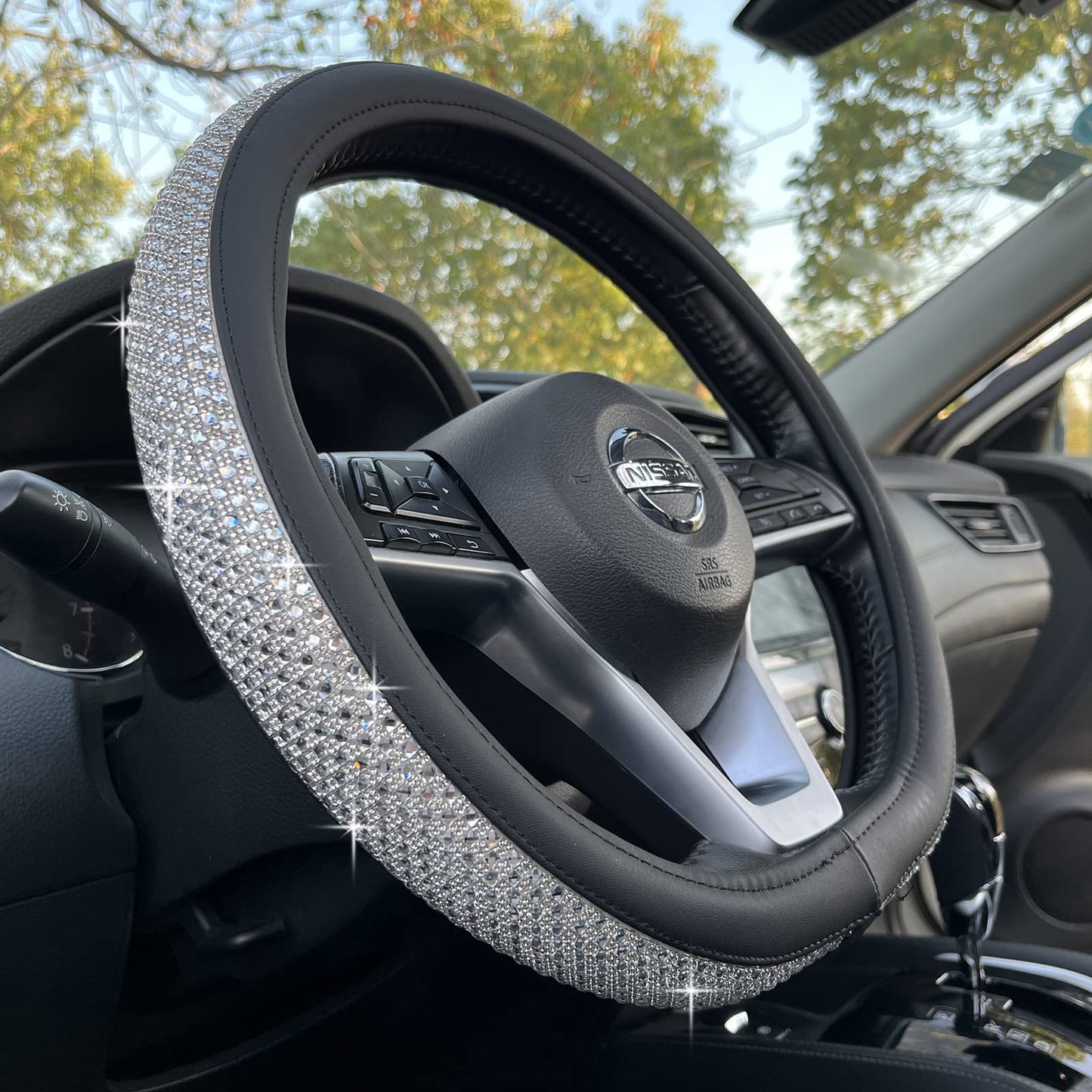 Universal Bling Bling Comfy Steering Wheel Cover with Jumbo Crystal Rhinestones, Anti-Slip Diamond Leather, 14.5-15 Inch