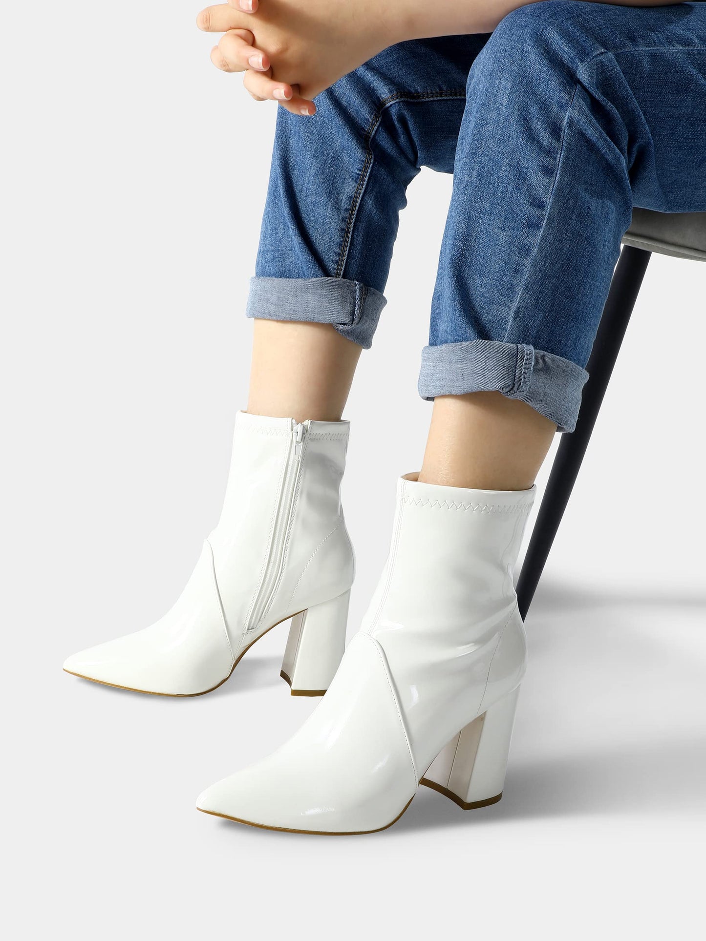 Women's GoGo Boots Mid Calf Block Heel Ankle Boots Pointed Toe Patent Leather Side Zipper Booties