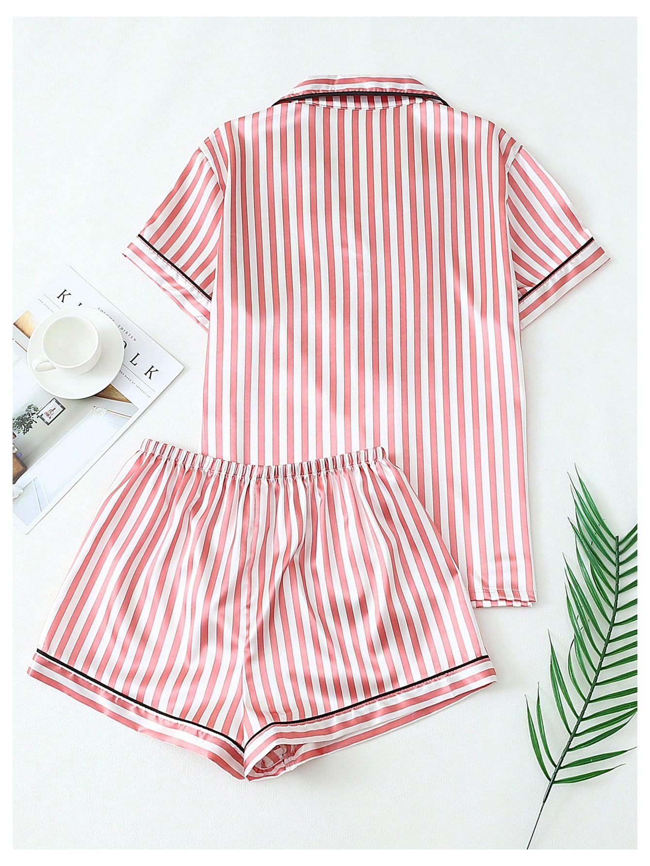 Coquette Bow Tie Women's 2 Piece Satin Striped Pajama Set Short Sleeve Button Down Top and Shorts Sleepwear