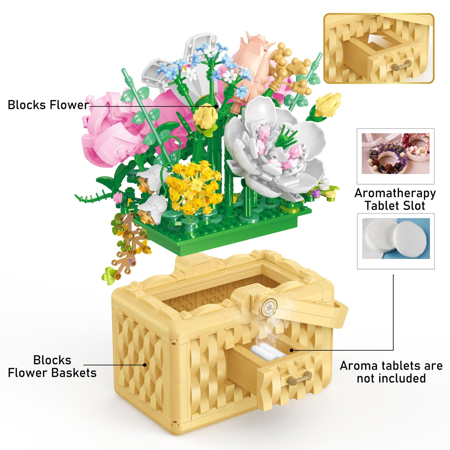 Flower Bouquet Building Kit Bonsai Rose Fower Basket Building Blocks Set