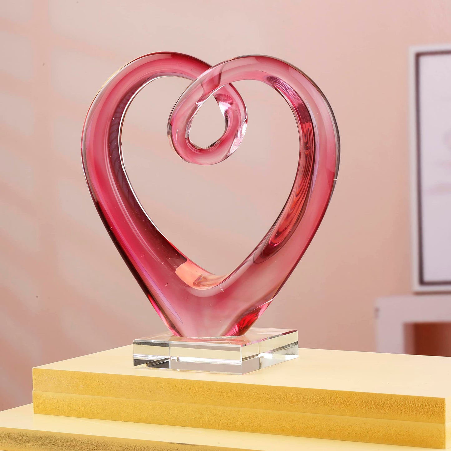 Tall Hand Blown Art Glass Heart Sculpture, Glass Heart Figurine 7.49''