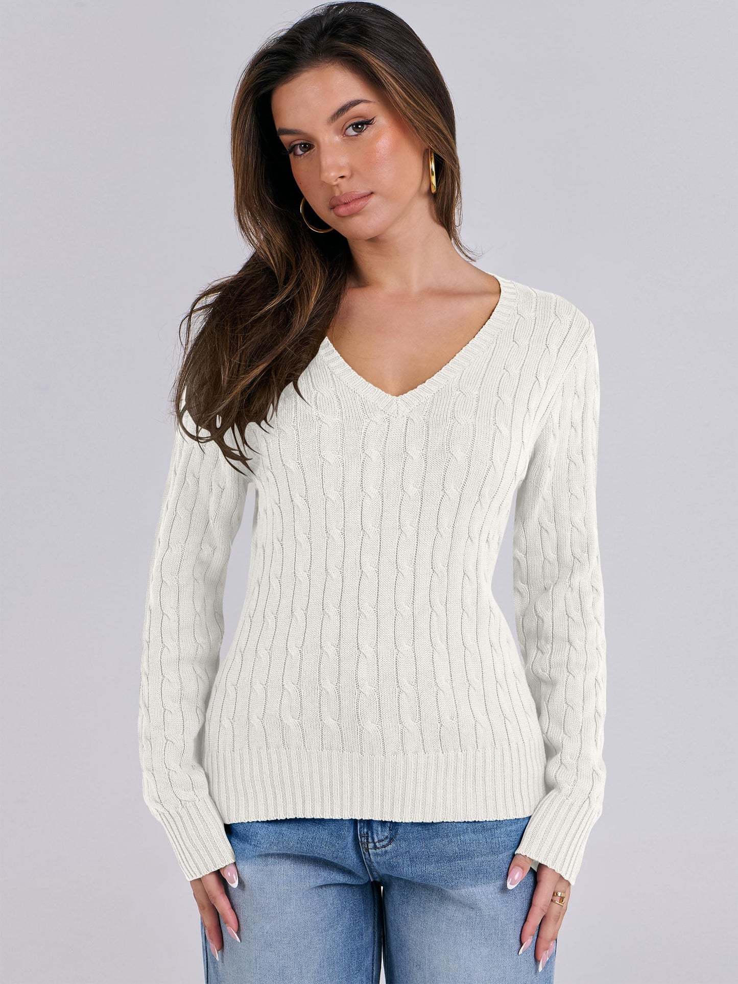 Women's Long Sleeve V Neck Cable Knit Sweater Jumper