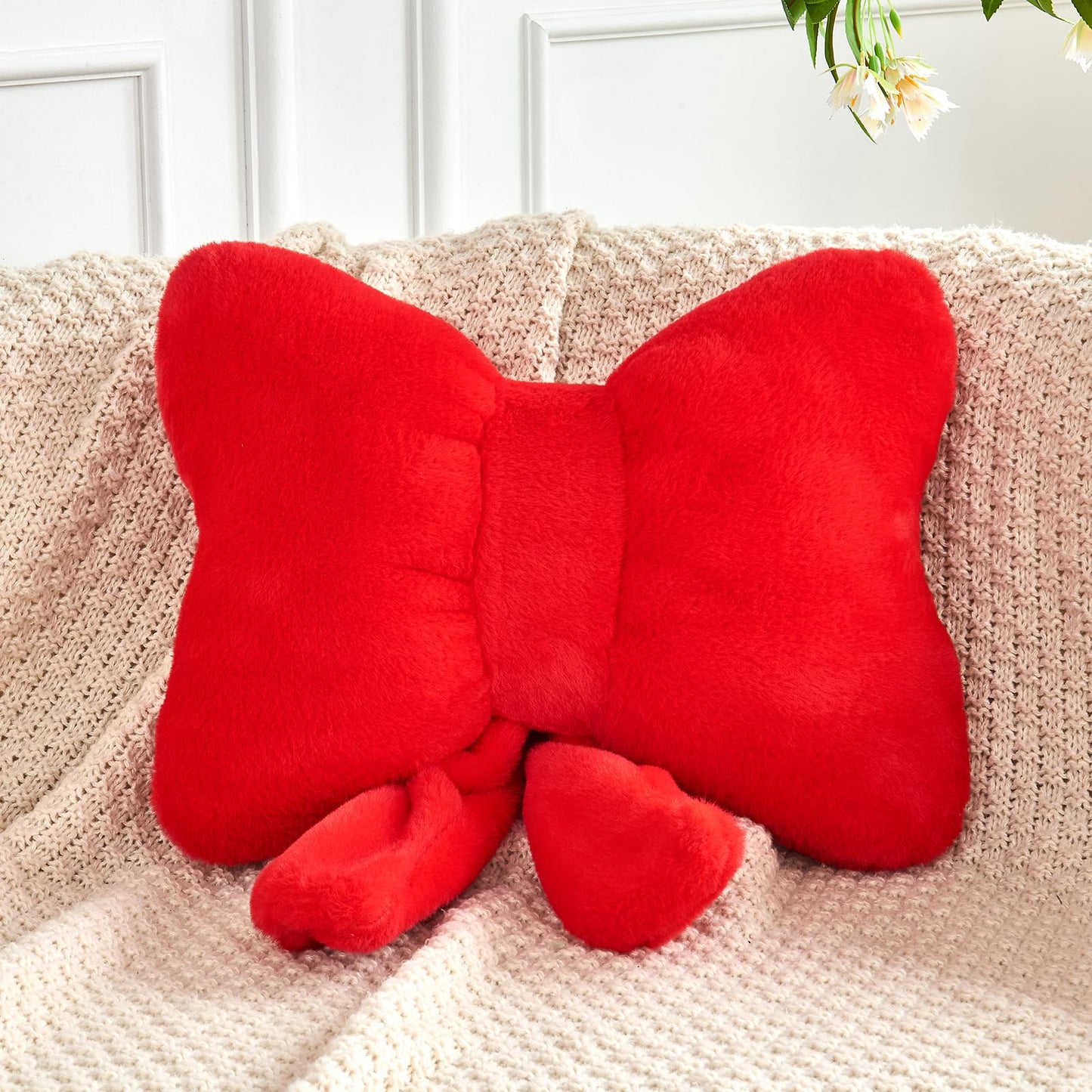 Bow Pillow, Soft Bow Decorative Pillows with Faux Rabbit Fur