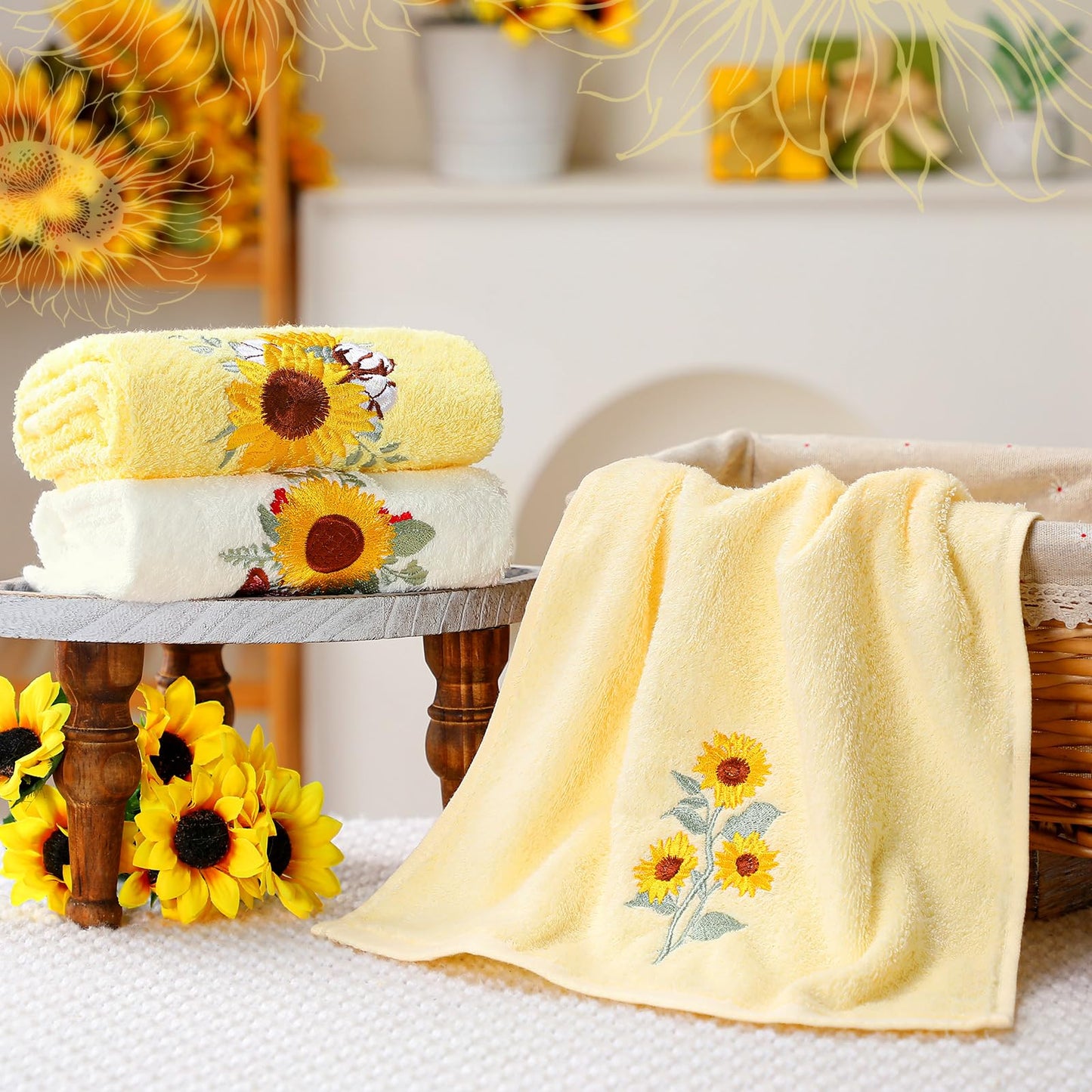 Embroidered Floral Hand Towels - Cute Summer Flowers Cotton Soft Absorbent Towels