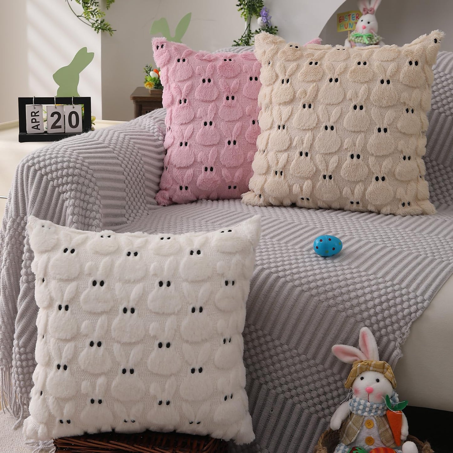 Easter Bunny Pillow Covers | Set of 2 Easter Soft Plush Faux Fur Jacquard Throw Pillows