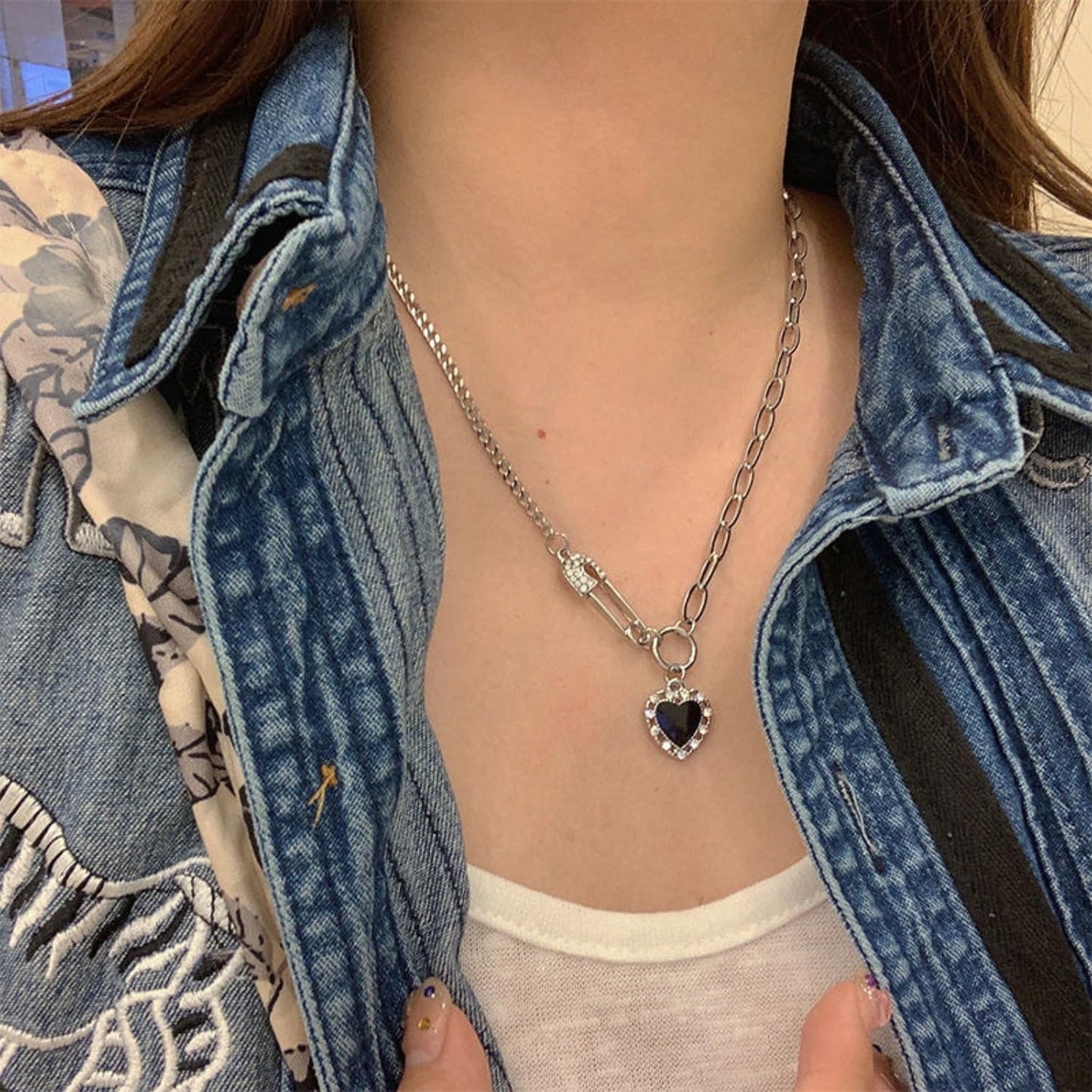 Safety Pin Necklace Heart Pendant