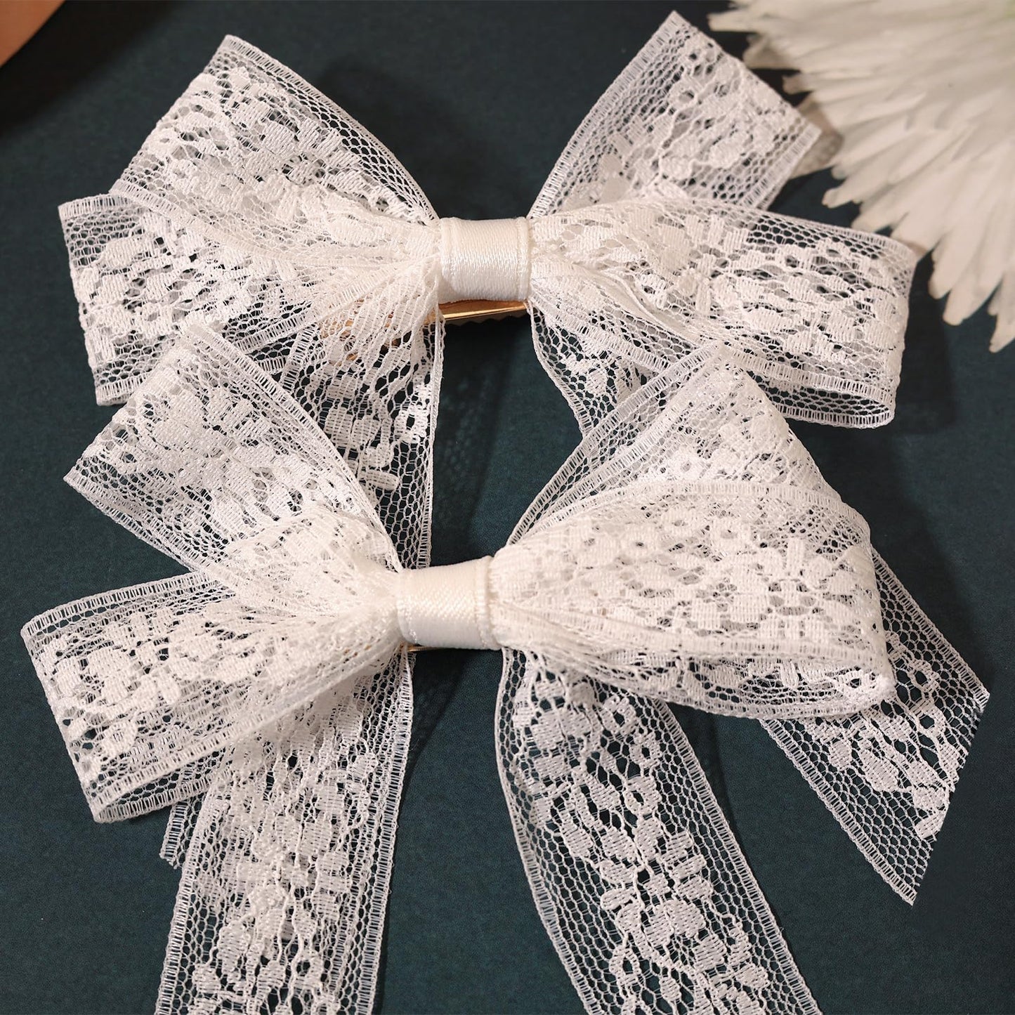 Lace Tulle Hair Bows with Long Tail Ribbons, Metal Bowknot and Tassel Barrettes