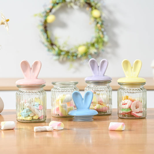 Glass Easter Candy Jars with Ceramic Bunny Ear Lids, 4Pcs Sealing Bunny Jars in Pastel Colors for Storage