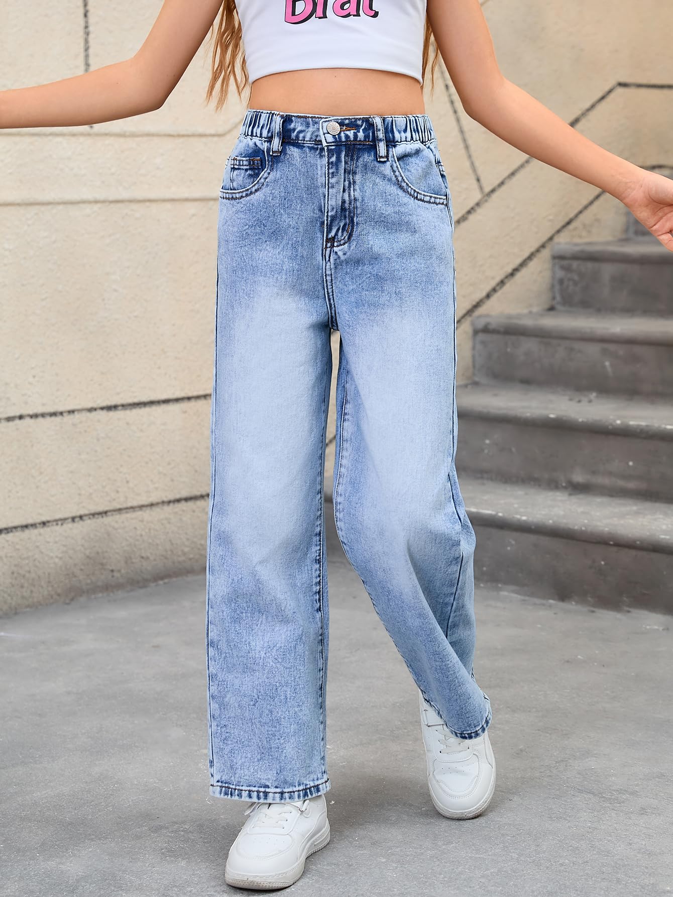 Girl's Bow Print Back Zipper Fly Elastic High Waist Denim Pants Basic Wide Leg Jeans