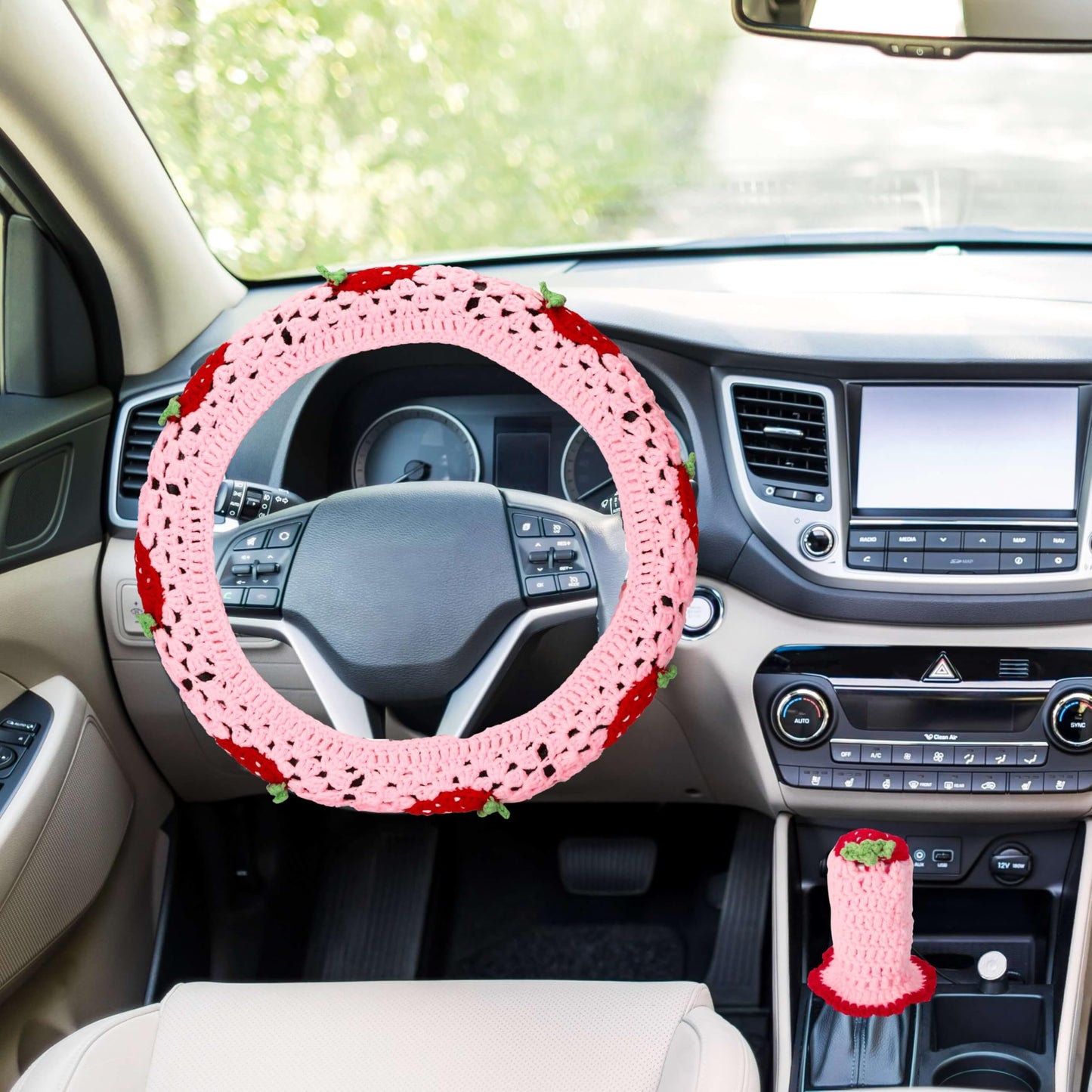 Pink Strawberry Granny Square Pattern - Crochet Steering Wheel Cover Set