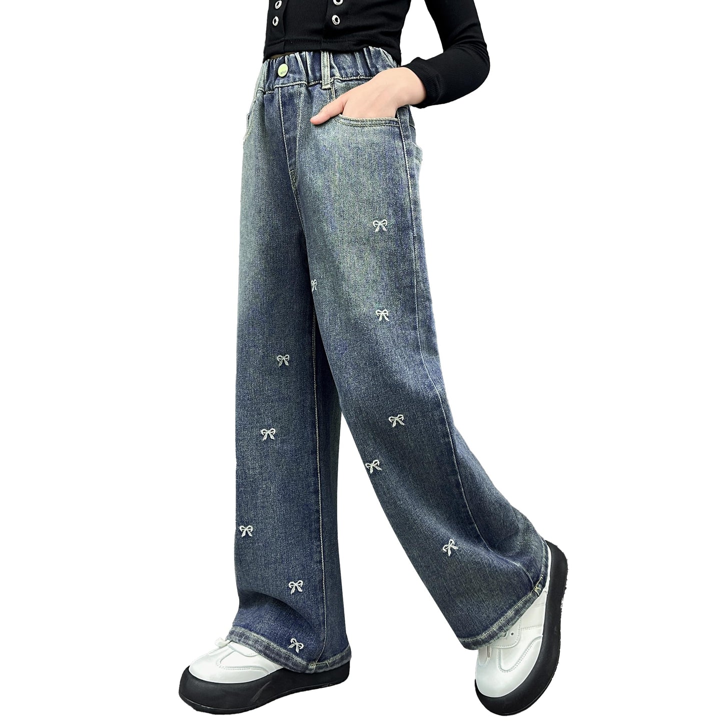 Girls Jeans Denim Elastic Wasit Wide Leg Baggy Pants