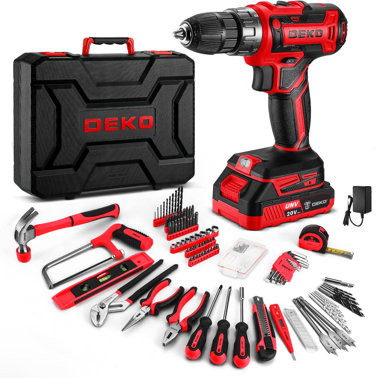 Cordless 20V Drill Tool Kit with Battery and Basic Hand Tools