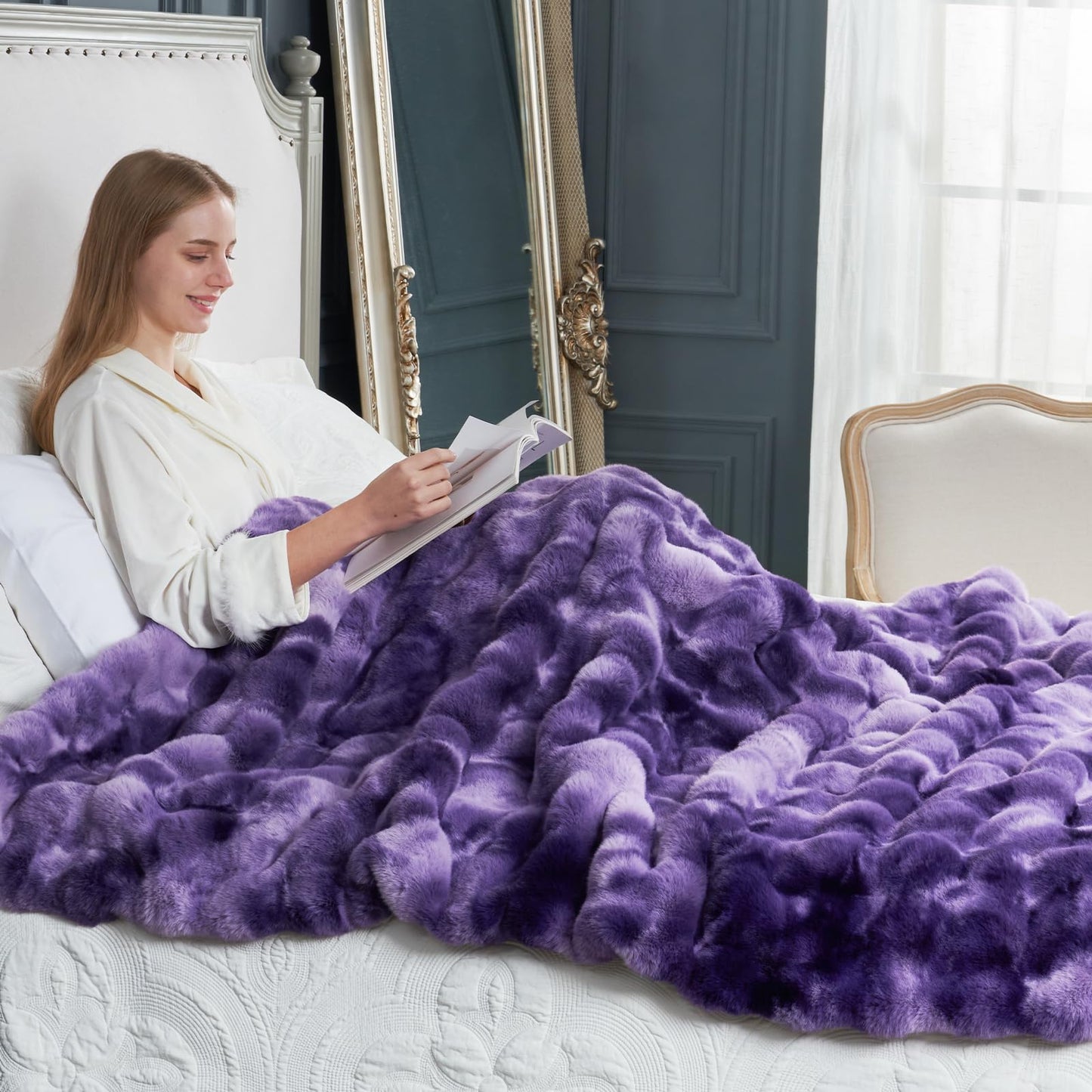 Faux Fur Throw Blanket -Fuzzy Soft Plush Thick Bubble Blanket