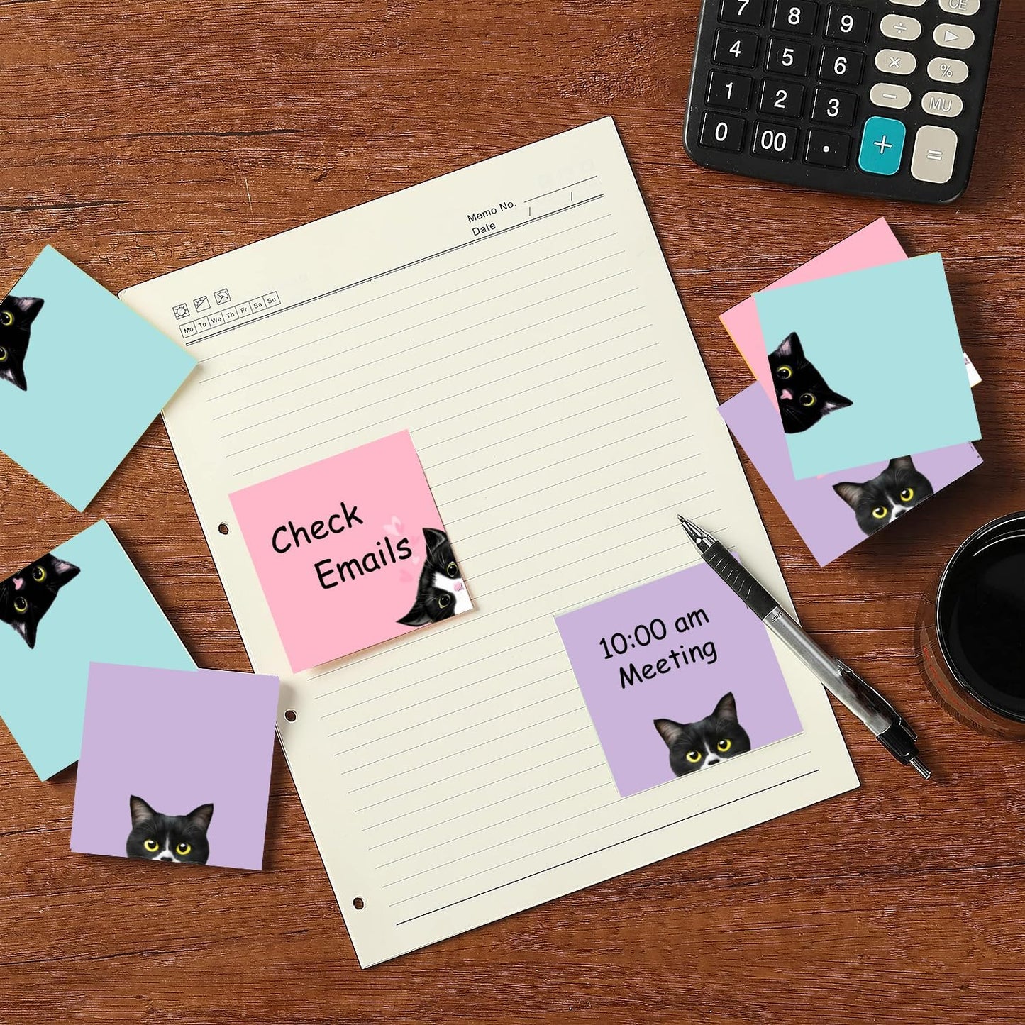 Sticky 9-Pad Black Cat Notes Set – Pink 3x3" Self-Stick Memo Pads for Cat Lovers