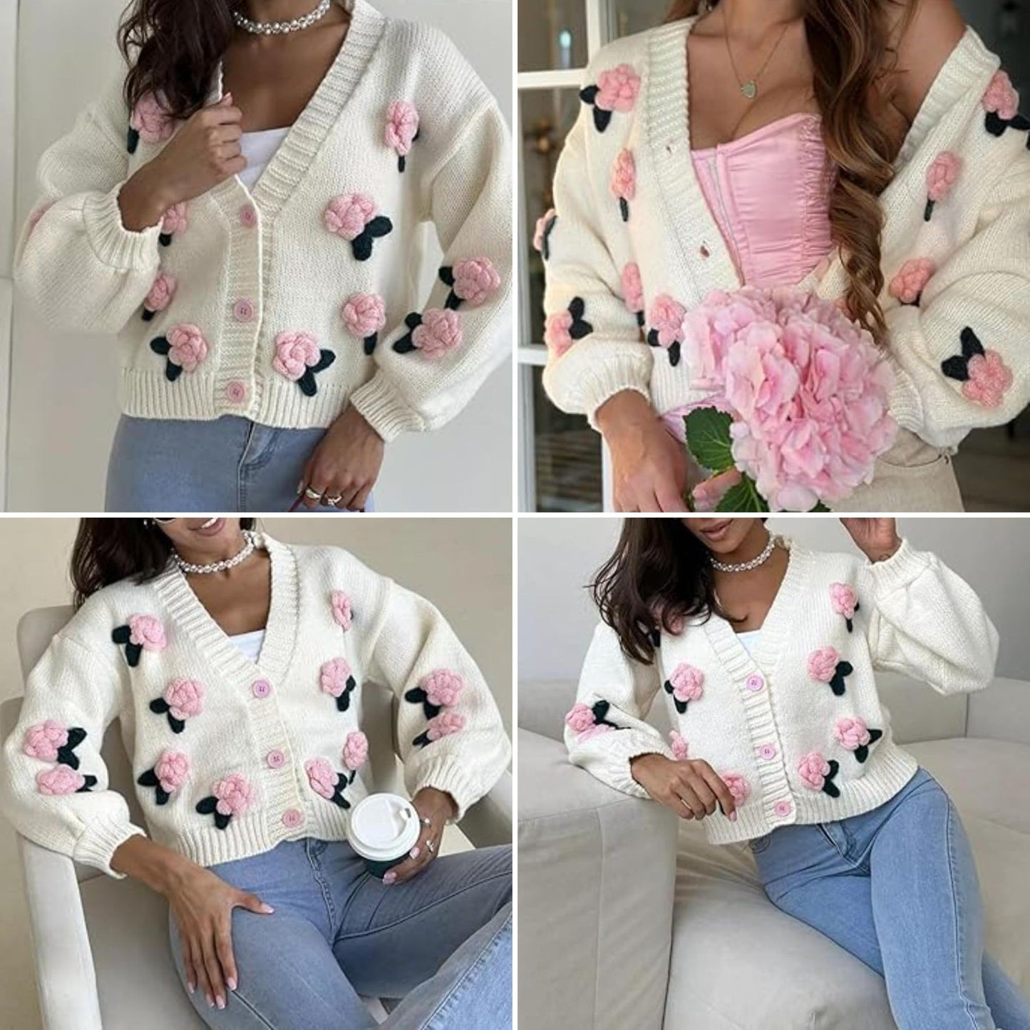 Women’s Kawaii Strawberry Embroidered Cardigan Long Sleeve V Neck Chunky Knitted Cardigans