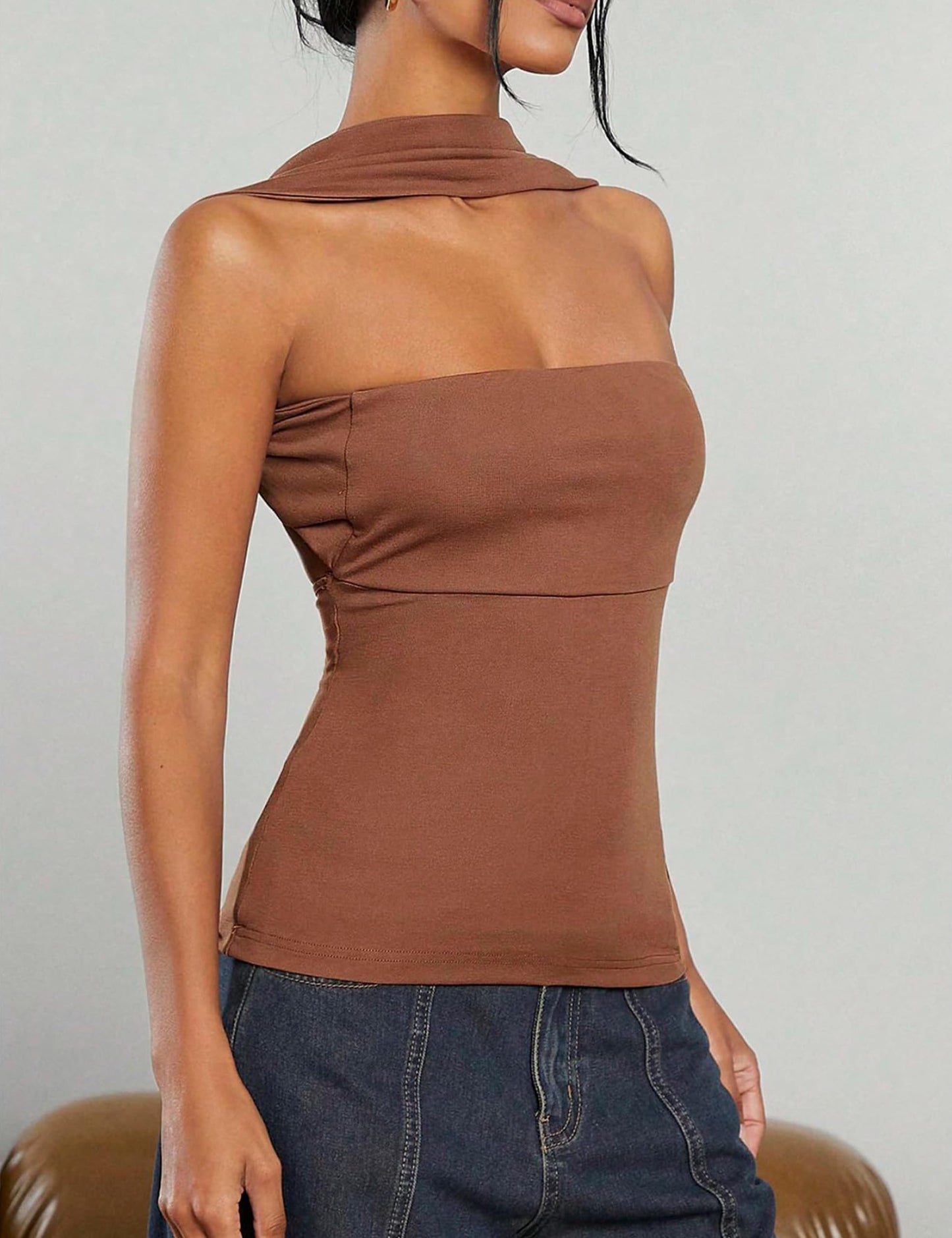 Ruched Strapless Halter Tube Top - Sexy Open Back Slim Fit Bandeau Shirt Sleeveless Off Shoulder