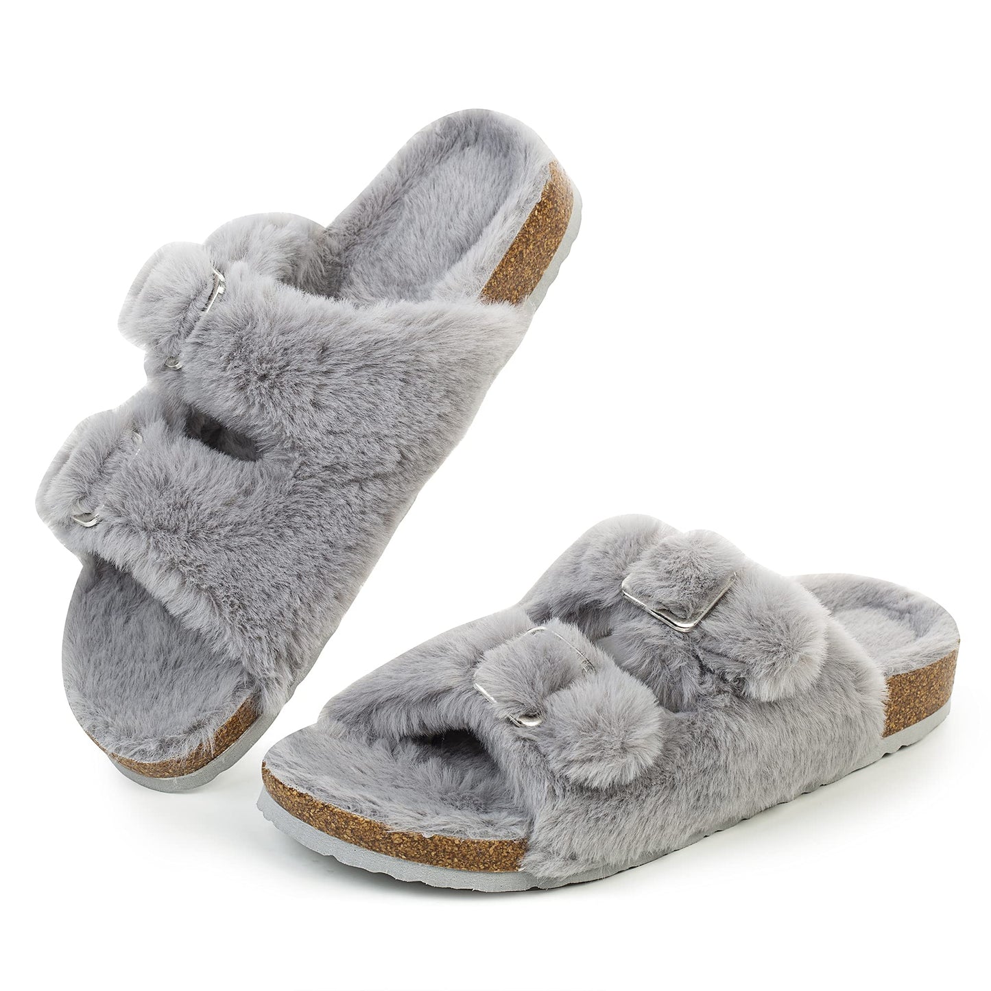 Womens Open Toe Slipper with Cozy Lining, Faux Fur Slide Sandals