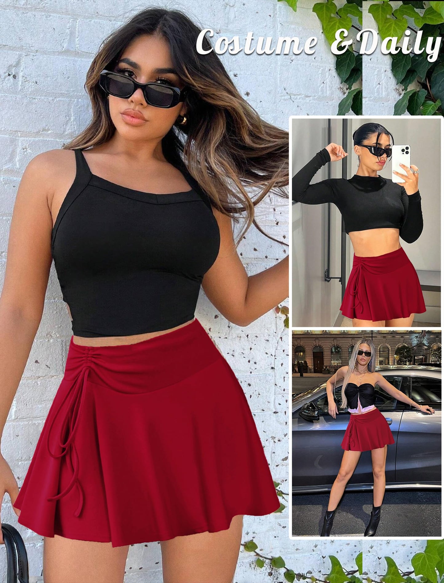 Sexy Mini Skirt Pleated Drawstring High Waist Skater Skirt