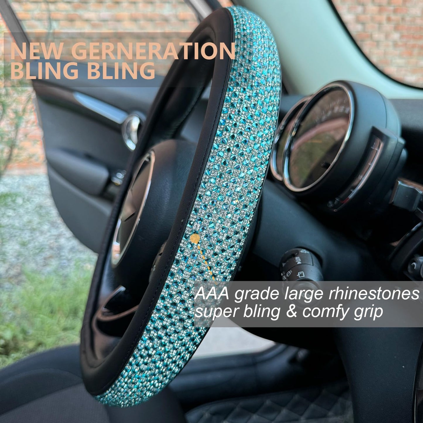 Universal Bling Bling Comfy Steering Wheel Cover with Jumbo Crystal Rhinestones, Anti-Slip Diamond Leather, 14.5-15 Inch